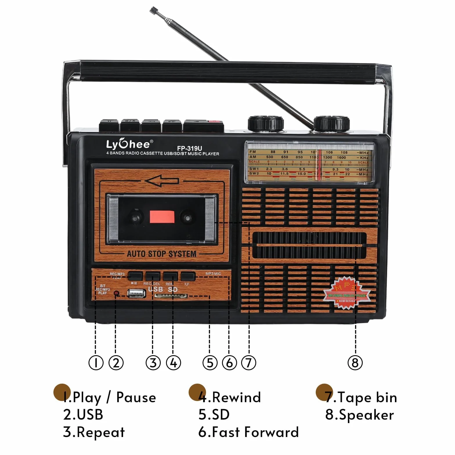 Lychee Boombox Przenośny magnetofon kasetowy retro AM/FM/SW1-2 SD/USB brązowy F319U
