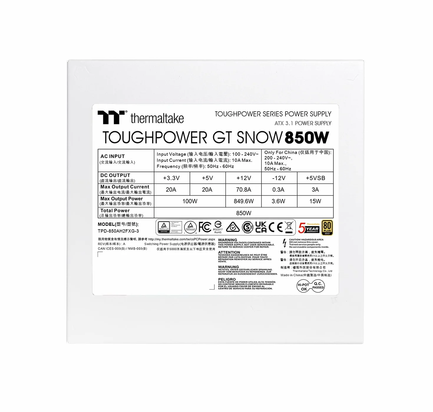 THERMALTAKE - Toughpower GT Snow - Alimentatore per PC - 850 W - 80+ Gold - ATX3.1 - Completamente modulare - PCI-E 5.1 12VHPWR