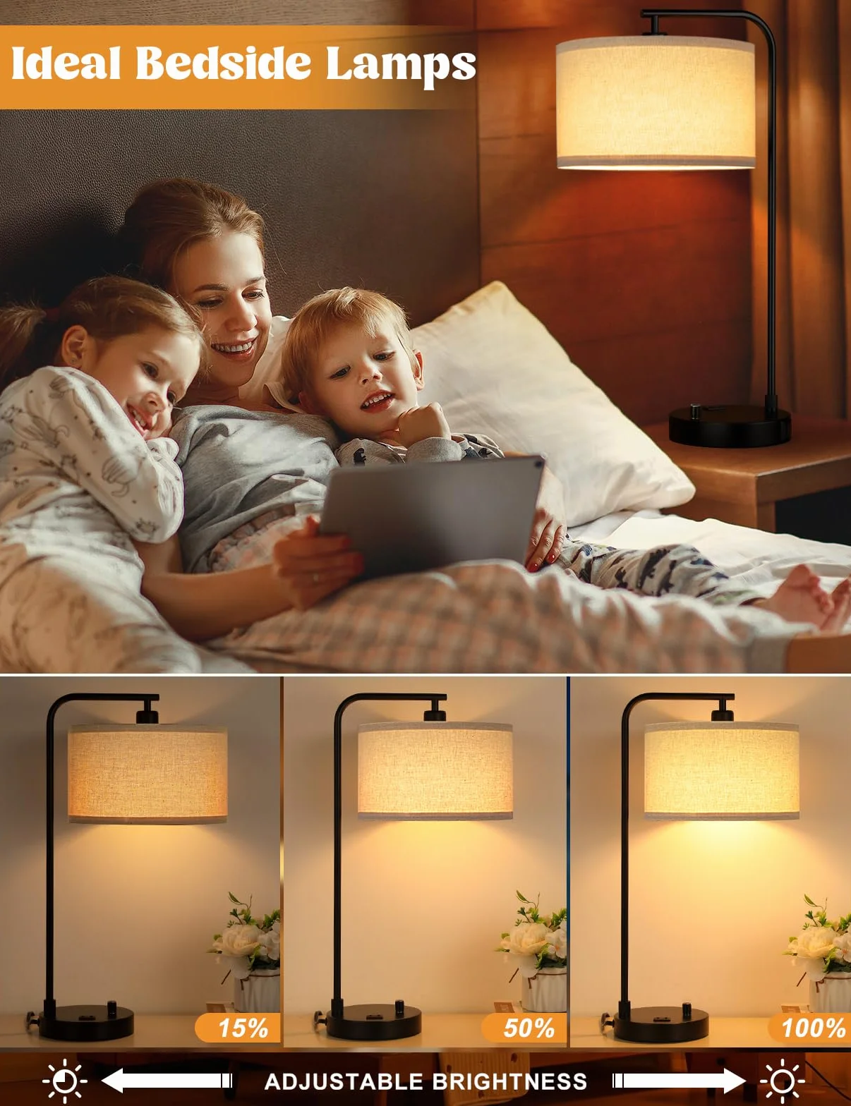 Wysoka lampa stołowa z portem USB i gniazdkiem, ściemniana lampka nocna z lnianym kloszem, lampa biurkowa do sypialni, salonu, pokoju gościnnego, domowego biura, żarówka LED w zestawie