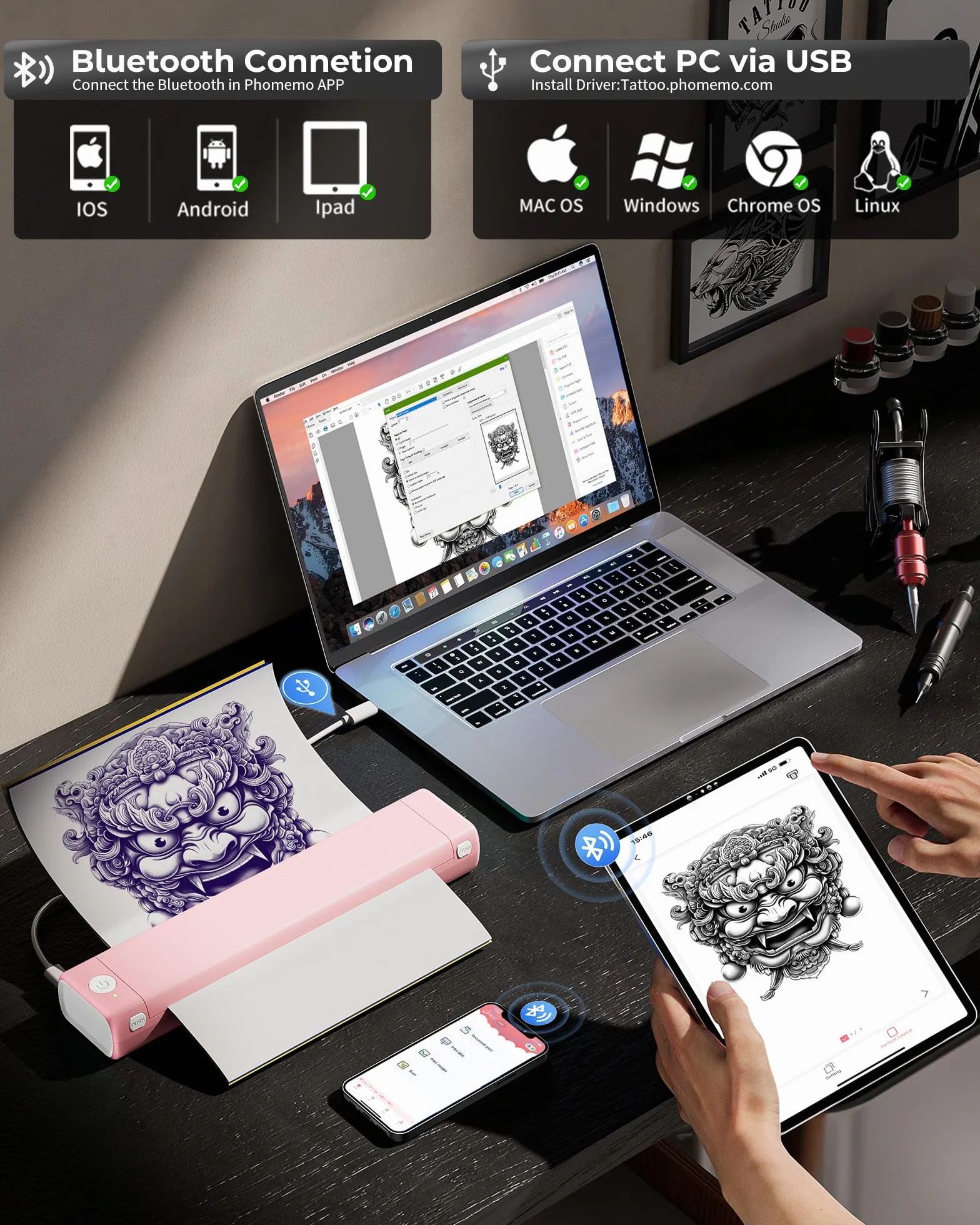 Itari M08F drukarka do tatuażu termiczna A4 Bluetooth różowa