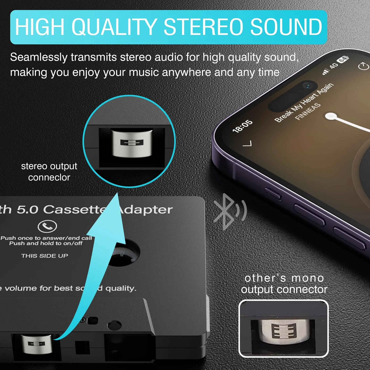Adapter kasetowy aux samochodowy Bluetooth 5.0 audio z kasety na AUX z mikrofonem/przyciskiem sterowania zdalnego