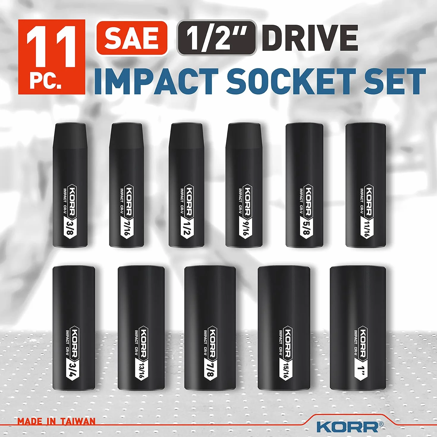 KORR Tools KSS001 zestaw nasadek udarowych 11 szt., 6-punktowy, 1/2-calowy napęd SAE głęboki zestaw nasadek