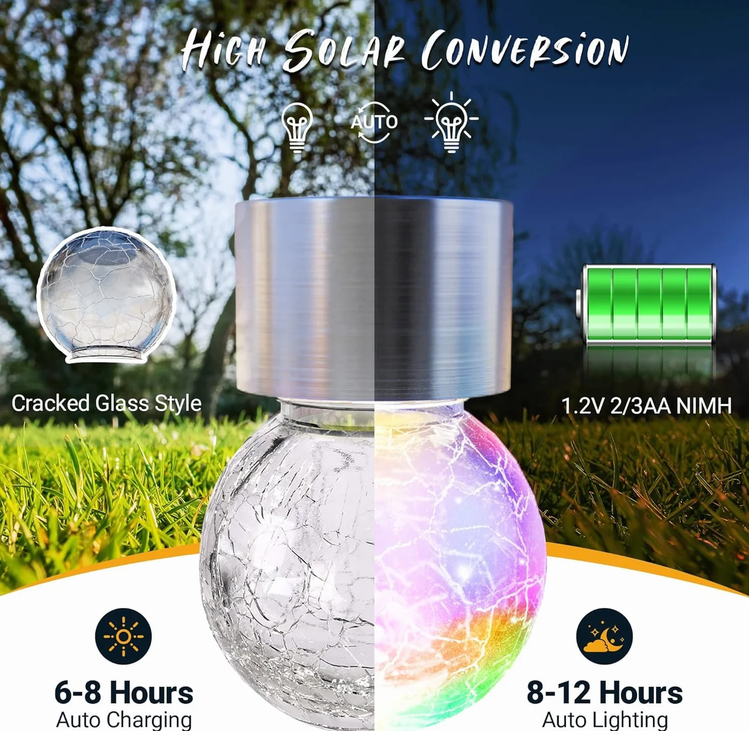 GIGALUMI Solarne lampy zewnętrzne, lampy wiszące do dekoracji bożonarodzeniowej, wzór popękanego szkła, wodoodporne, do ogrodu, na podwórko, ogrodzenie, drzewo, 12 sztuk (zmieniające kolor)