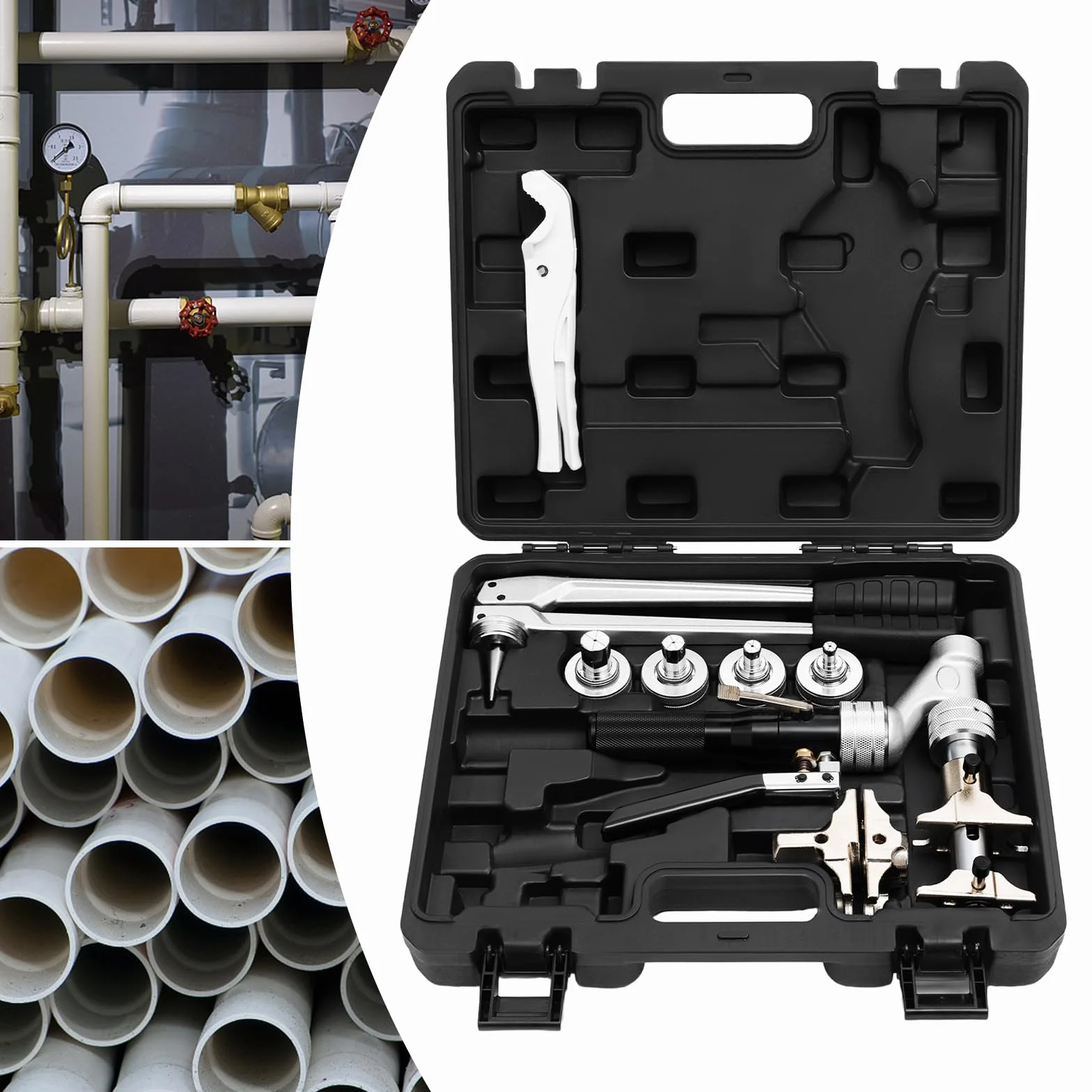 Hydrauliczne szczypce zaciskowe zestaw 3T ze stopu aluminium do rur z ogrzewaniem podłogowym 16-32 mm z przecinakiem do rur, 4 głowicami rozprężnymi i walizką transportową, profesjonalne narzędzie