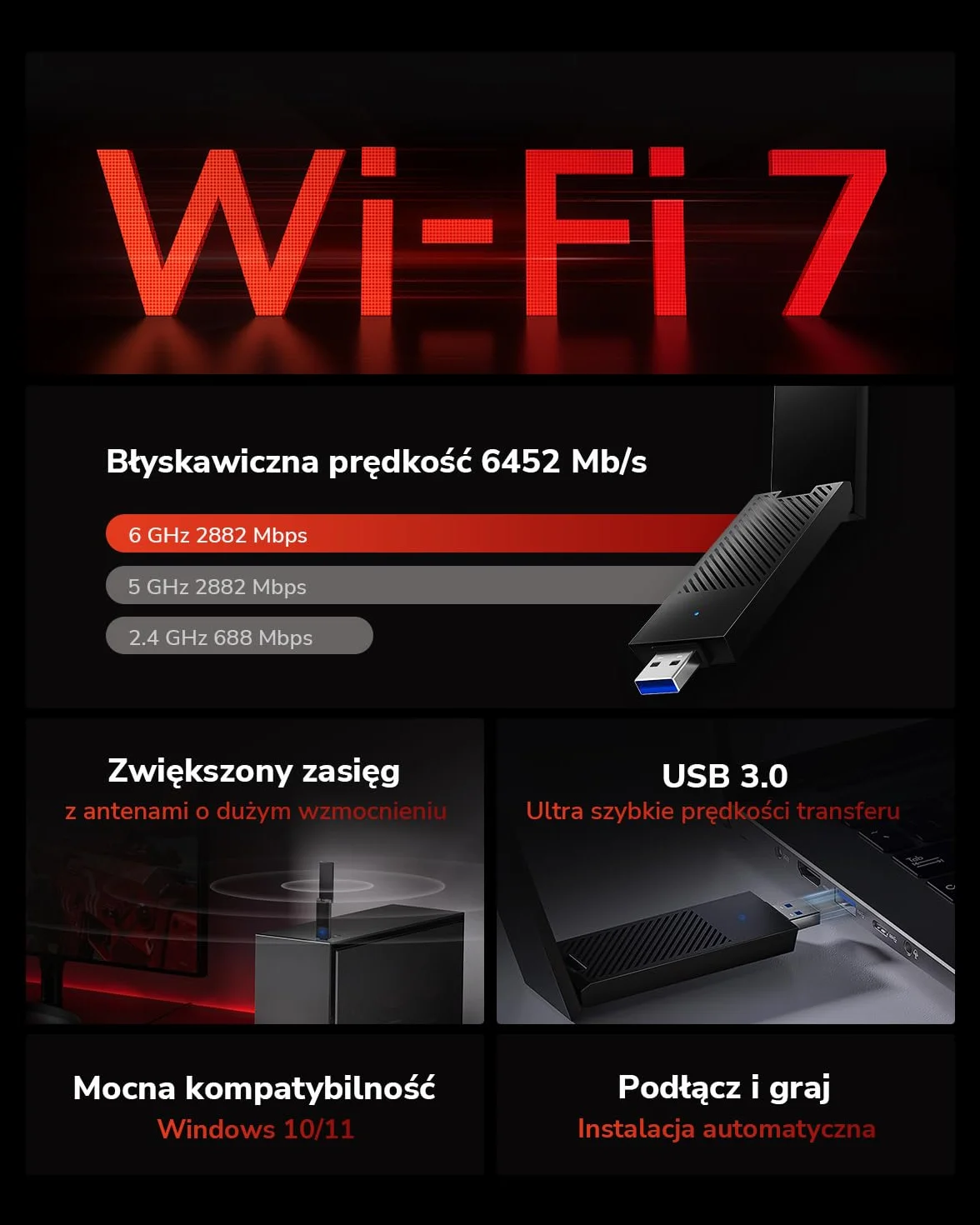 Cudy WU6500 BE6500 Tri-Band Wi-Fi 7 USB 3.0 adapter do komputera stacjonarnego, 6 GHz, 4K-QAM, 160 MHz, WPA3