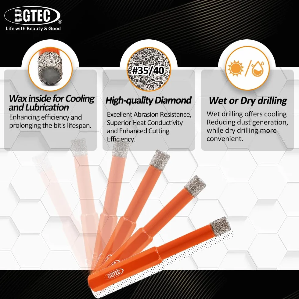 BGTEC Wiertła do suchego diamentu z sześciokątnym trzonkiem do płytek porcelanowych, cegła ceramiczna, marmurowa, 5 sztuk, średnica 6 mm