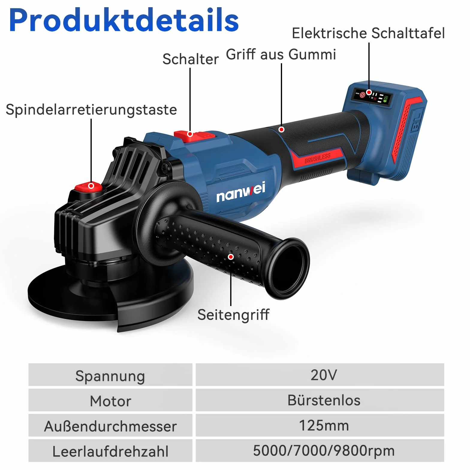 NANWEI Akumulatorowa szlifierka kątowa, kompatybilna z akumulatorem Makita 18 V, bezszczotkowa szlifierka kątowa 125 mm, elektronarzędzie z uchwytem bocznym i tarczami, tryb 3-biegowy (125 mm bez