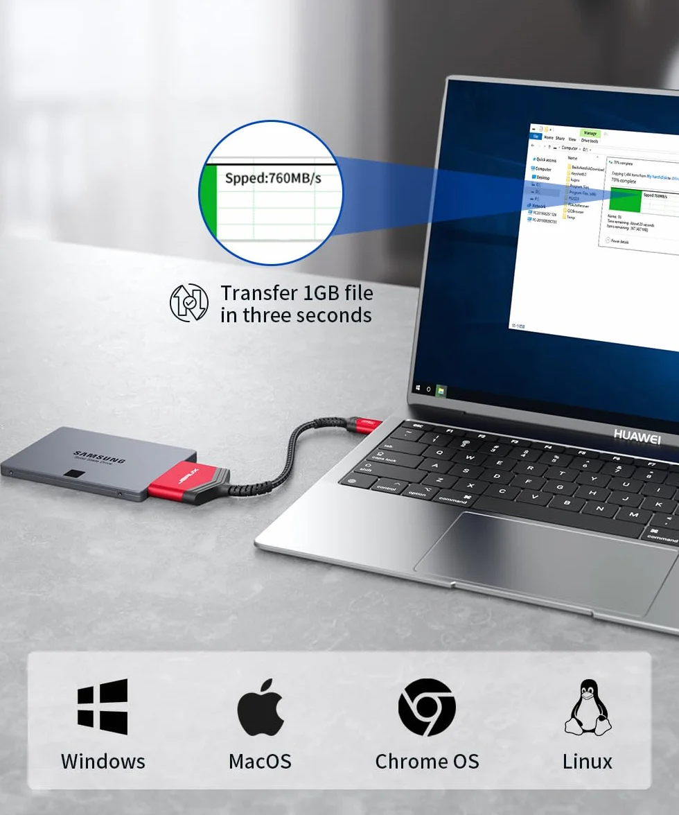JSAUX Adapter SATA na USB 3.0, kabel USB do SATA III do 2,5" dysk twardy Nylon - czerwony