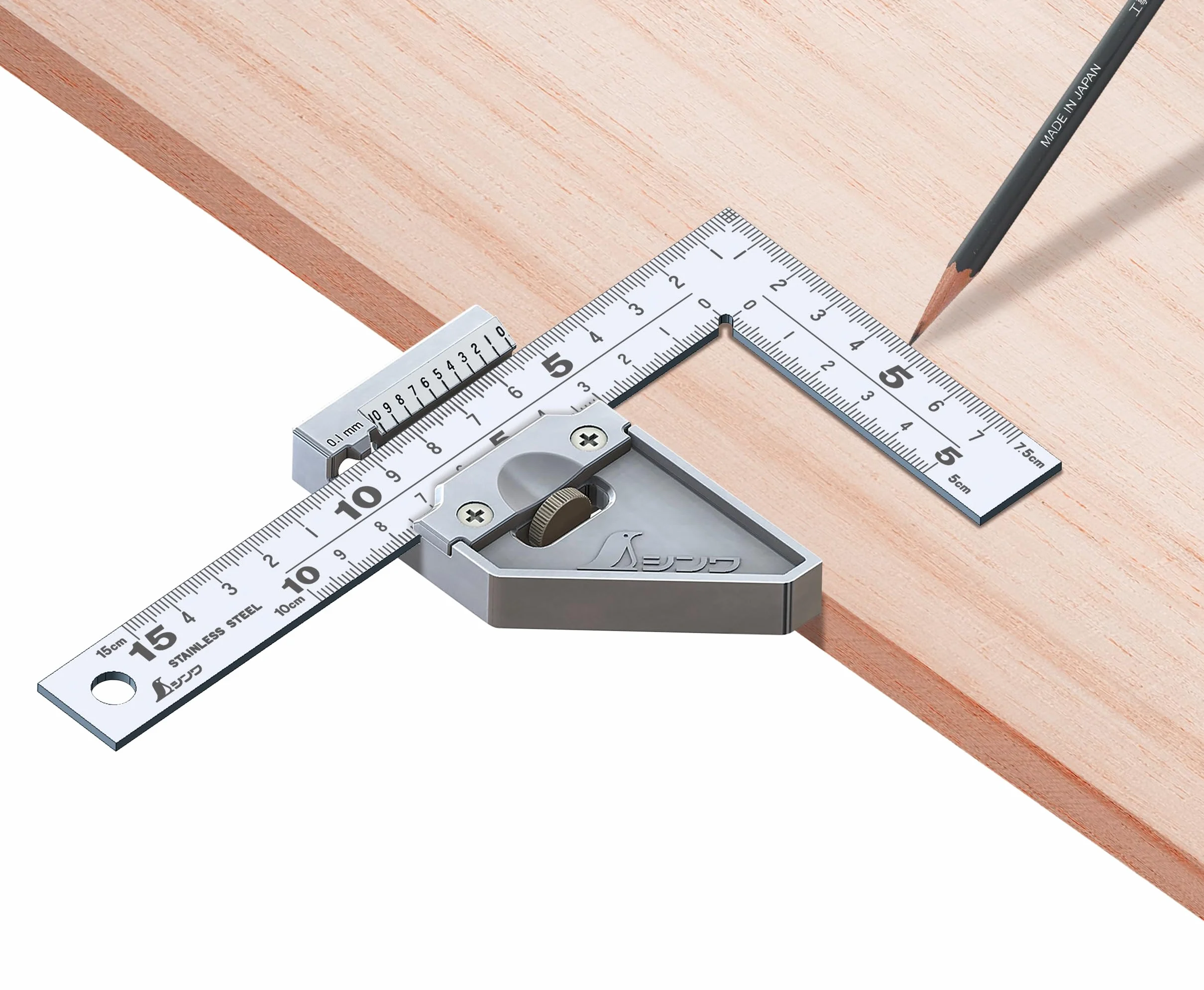 Famex Werkzeuge Shinwa 12512 kątownik ciesielski 15 x 7,5 firmy FAMEX (12485), w zestawie metalowy stoper, kątownik stolarski, kąt pomiarowy - Made in Japonia