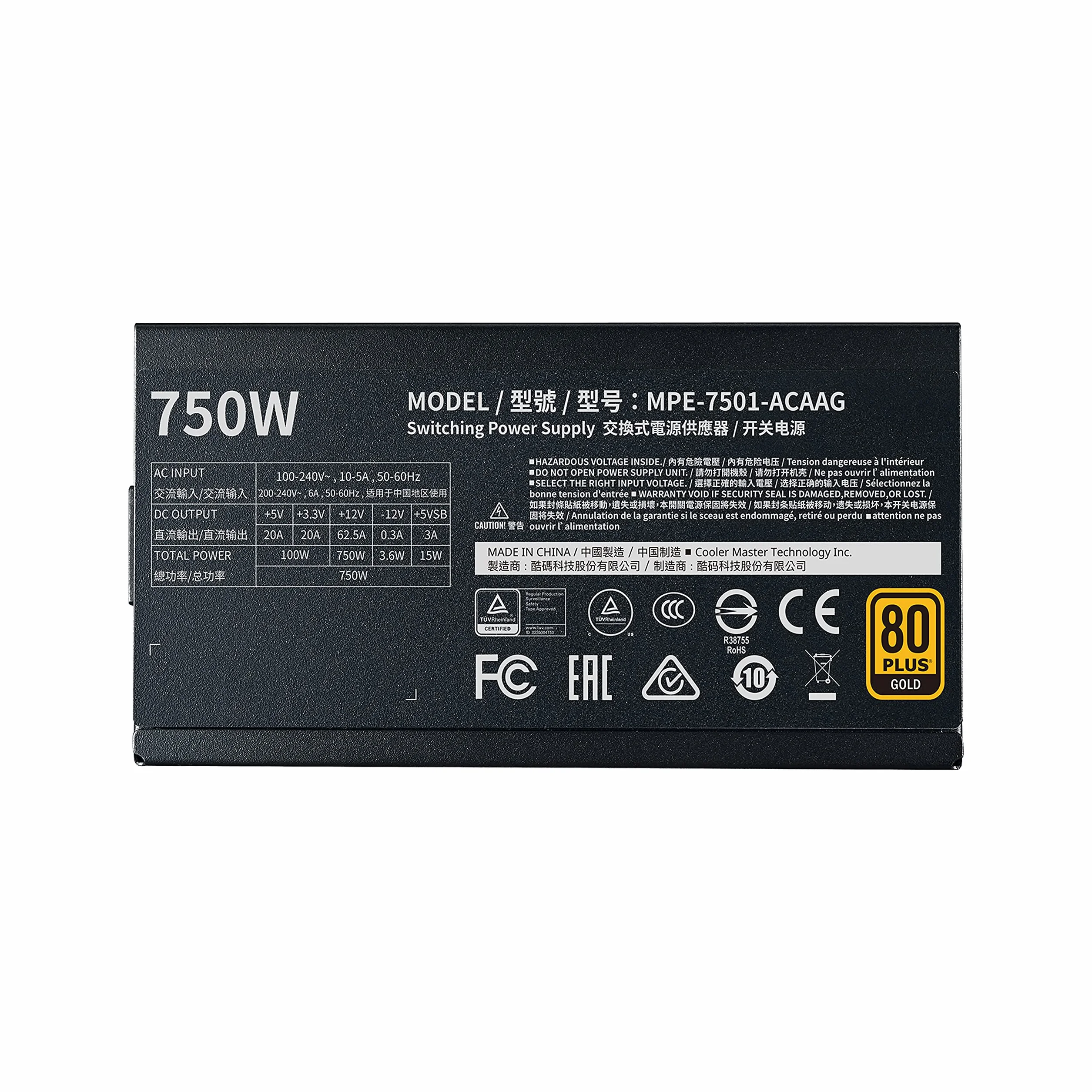 Cooler Master MWE 750 Gold V2 w Pełni Modularny Zasilacz do Komputera - 80 PLUS Gold 750W, Płaskie Czarne Okablowanie, Wentylator HDB 120mm, Próg Wysokiej Temperatury - Wtyczka EU, 5 Lat Gwarancji
