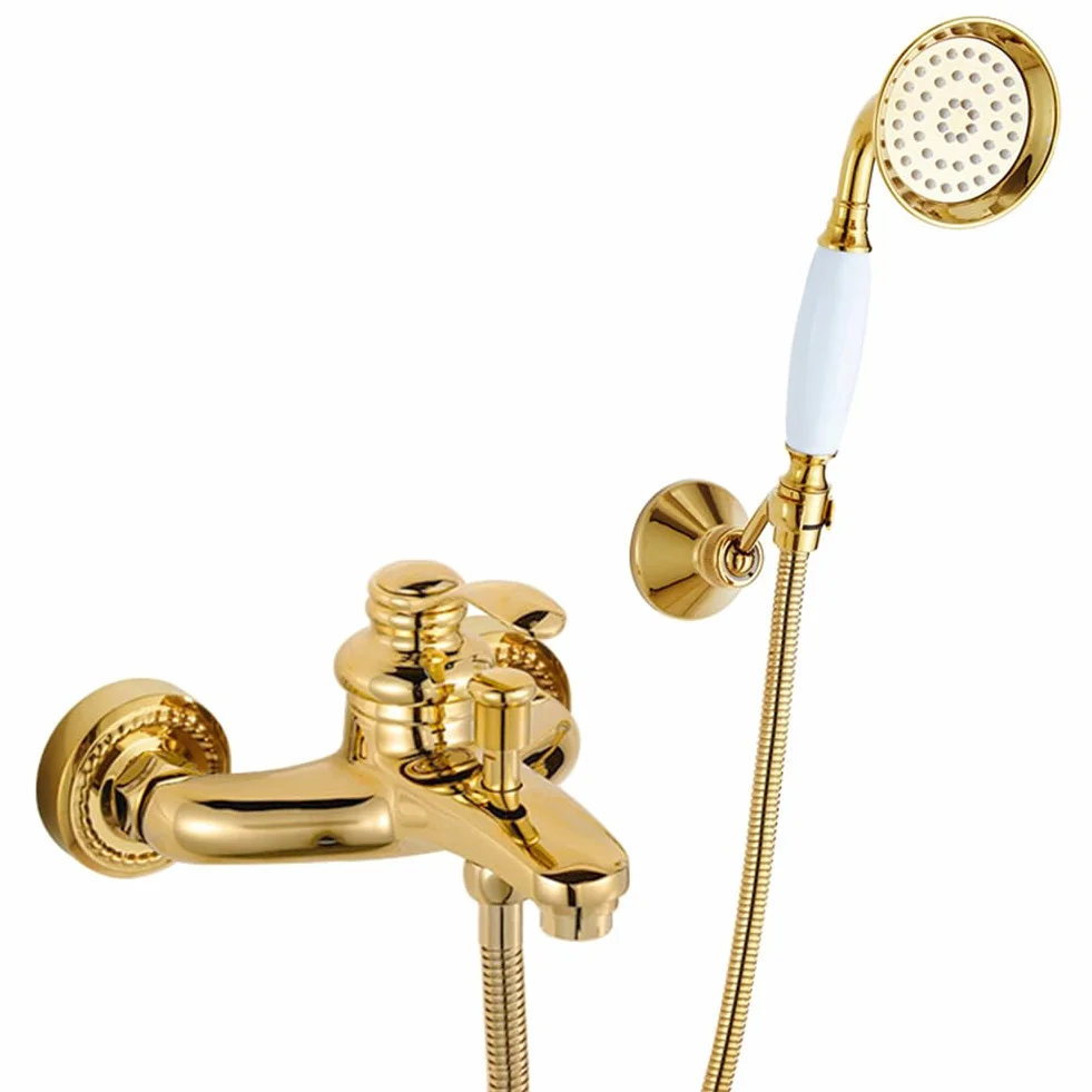 Retro mosiężny kran wannowy z naścienną głowicą prysznicową 150 cm wąż tradycyjny design luksusowe złote wykończenie idealny do renowacji i modernizacji łazienki