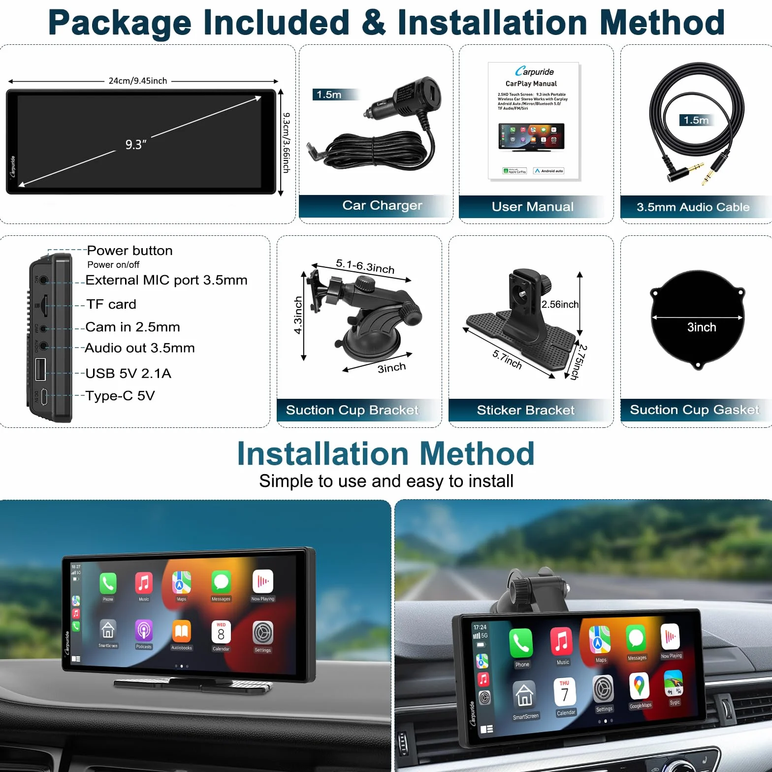 Carpuride C92 Bezprzewodowe radio samochodowe 9,3" ekran dotykowy CarPlay Android Auto Bluetooth