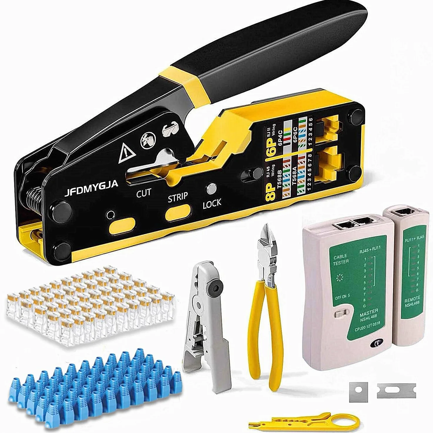 Zestaw narzędzi do zaciskania RJ45, narzędzie do zaciskania Ethernet Cat6 Cat5e Cat5 z testerem kabli sieciowych, złącza przelotowe RJ45, striptizerka