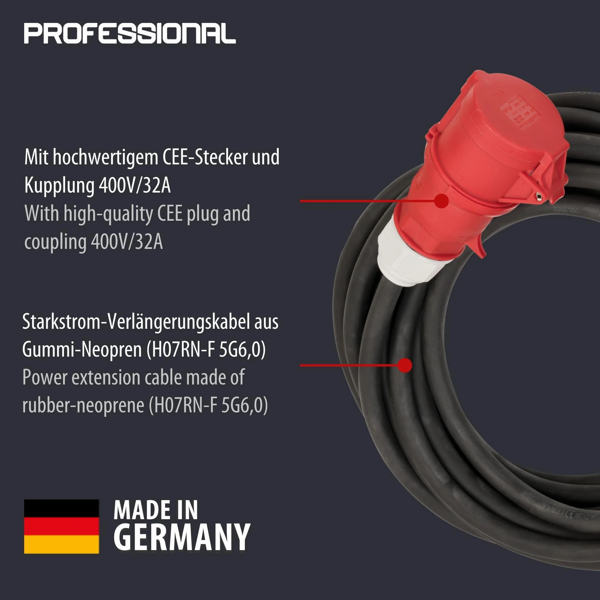 Brennenstuhl Professional przedłużacz CEE IP44 (10m kabel, H07RN-F 5G6,0 5-biegunowy z wtyczką CEE i złączem, do zastosowań zewnętrznych IP44, Made in Germany) czarny