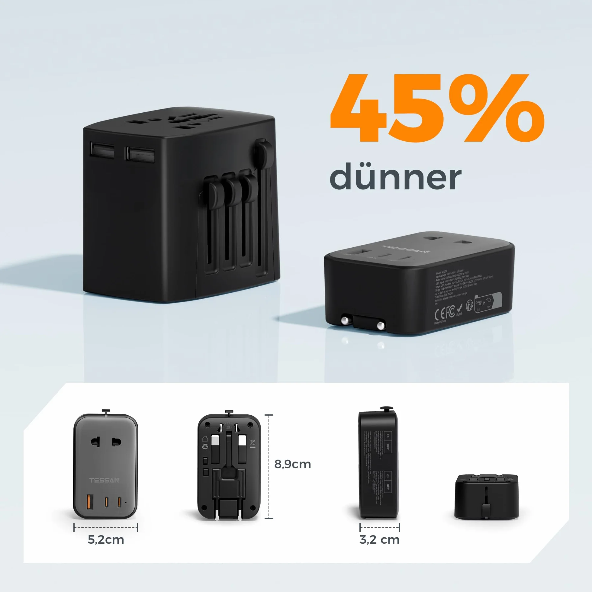 TESSAN Adapter podróżny USB C(20W), travel adapter worldwide z 2 USB C i 1 USB A, adapter USA, przejsciowka EU na UK, wtyczka do USA, Wielka Brytania, Japonia, Tajlandia, Australia, Chiny, Brazylia
