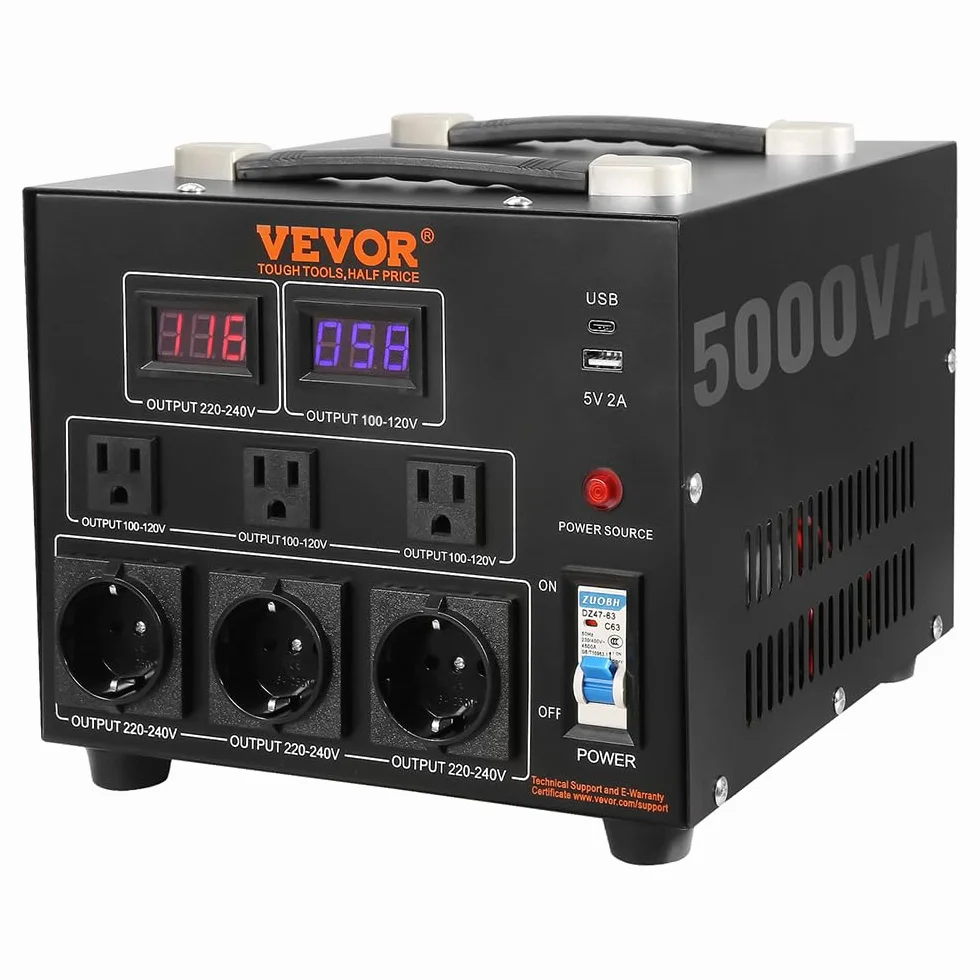 VEVOR Transformator napięcia 5000 W AC 110 V 220 V transformator 3 x US NEMA 5-15R 3-biegunowy / 3 x europejskie gniazda wyjściowe Shucko, 1 x złącze USB 5 V i 1 x gniazdo typu C