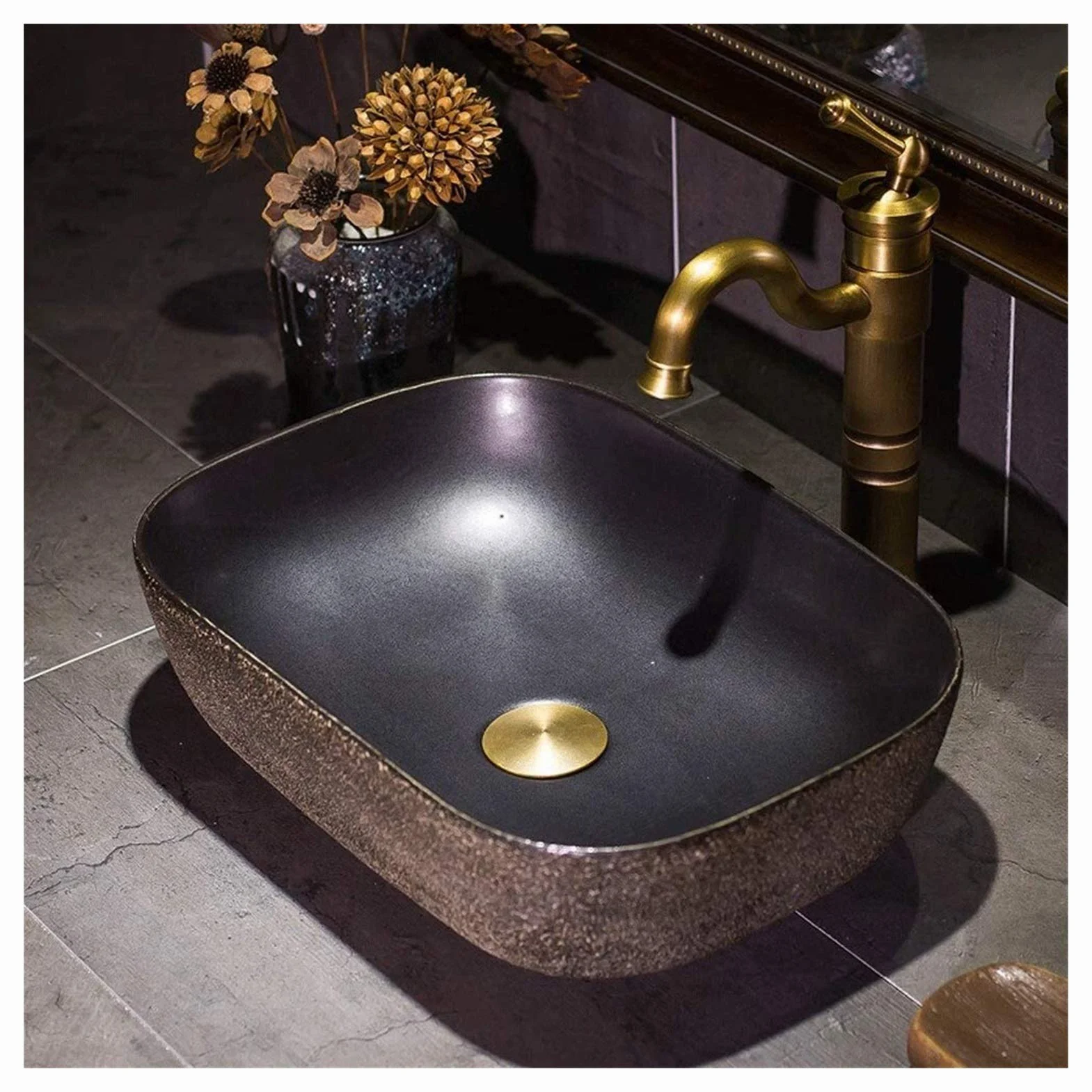 Szafka Pod Umywalkę Z Umywalką, Umywalka Nablatowa, Umywalka Nablatowa W Stylu Vintage, Czarna, Prostokątna, Porcelanowa, Ceramiczna, Umywalka Nablatowa