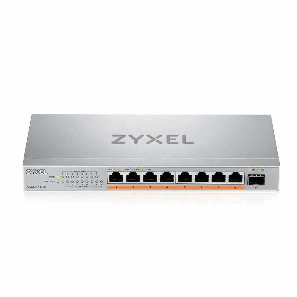 Zyxel 8-portowy przełącznik niezarządzalny PoE 2.5G Multi-Gig @ 100 W z 8 x PoE++ (60 W) | 1 x 10G SFP+ |do montażu na biurku lub na ścianie [XMG-108HP]