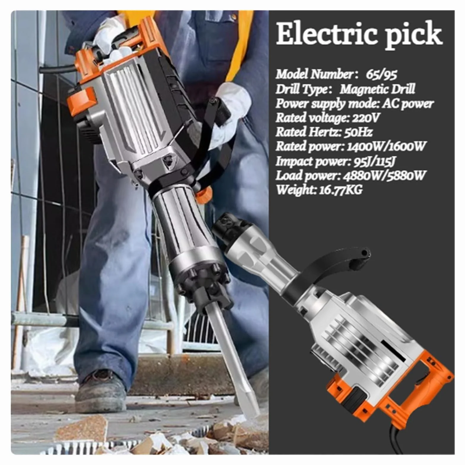 Młot wyburzeniowy Elektryczny młot udarowy Heavy Duty 1500W/1600W do betonu, 3 sztuki dłut, bity mielenia, walizeczka(95)