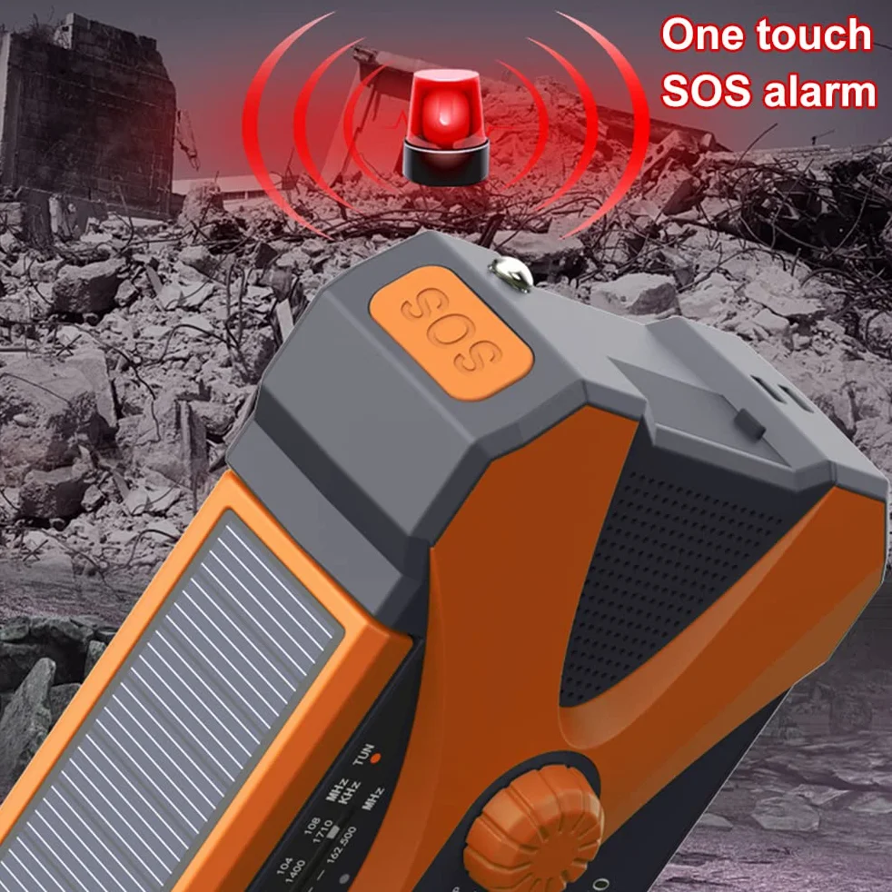 Radio korbowe AM/FM z ładowarką telefonu, akumulator 10000 mAh, latarka LED SOS