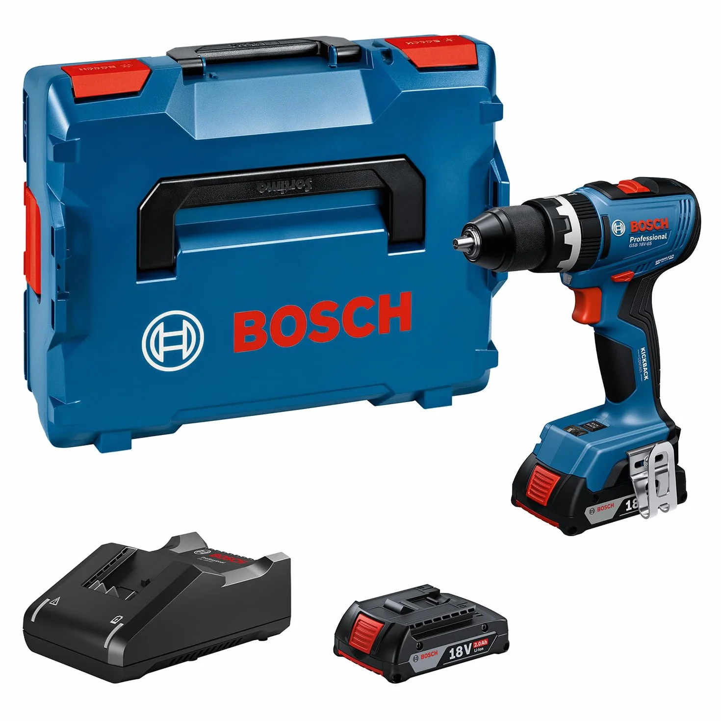 Bosch Professional 18 V firmy Bosch: wiertarko-wkrętarka akumulatorowa GSB 18V-65 (silnik bezszczotkowy, 2x GBA 18V 2.0Ah, ładowarka GAL 18V-20)