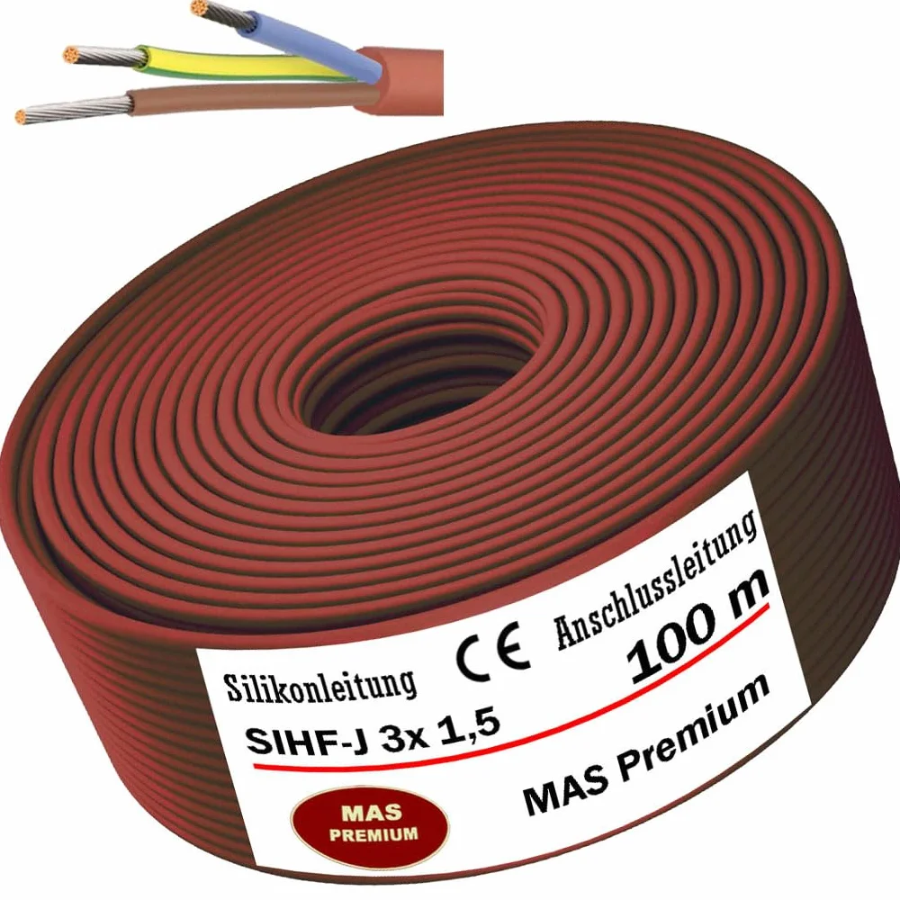 MAS Premium SIHF-J silikonowy kabel przyłączeniowy, 5-250 m, przewód silikonowy, 3 x 1,5 drobno drutowy, elastyczny do urządzeń o wysokiej temperaturze (100 m)