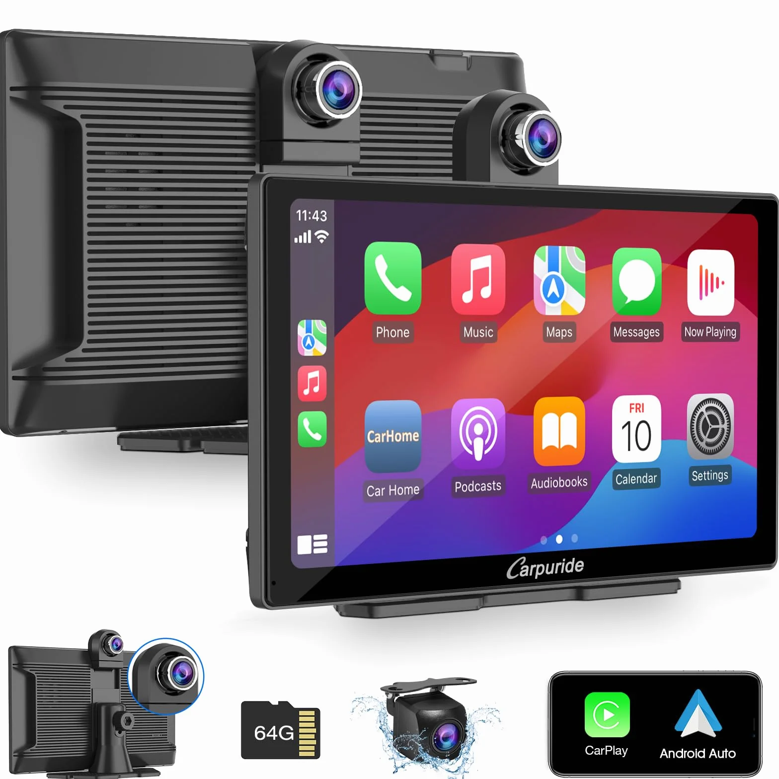 Carpuride W905 Bezprzewodowy odtwarzacz samochodowy Carplay i Android Auto z kamerą samochodową, przenośny 9-calowy ekran dotykowy HD, 4K przednia i tylna kamera, nagrywanie pętlowe, Bluetooth, Mirror