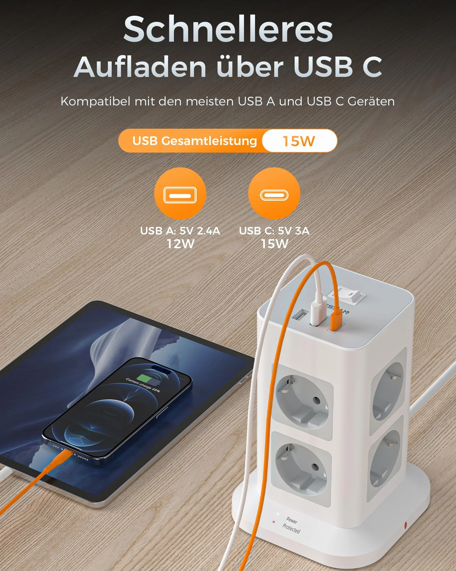 TESSAN Wieżowa listwa zasilająca z 8 gniazdami, przeciwprzepięciowe, 2 portami USB A i 1 USB C gniazdo wtykowe, listwa sieciowa z wyłącznikiem i przedłużaczm 3 metry, 3600W, szaro biały
