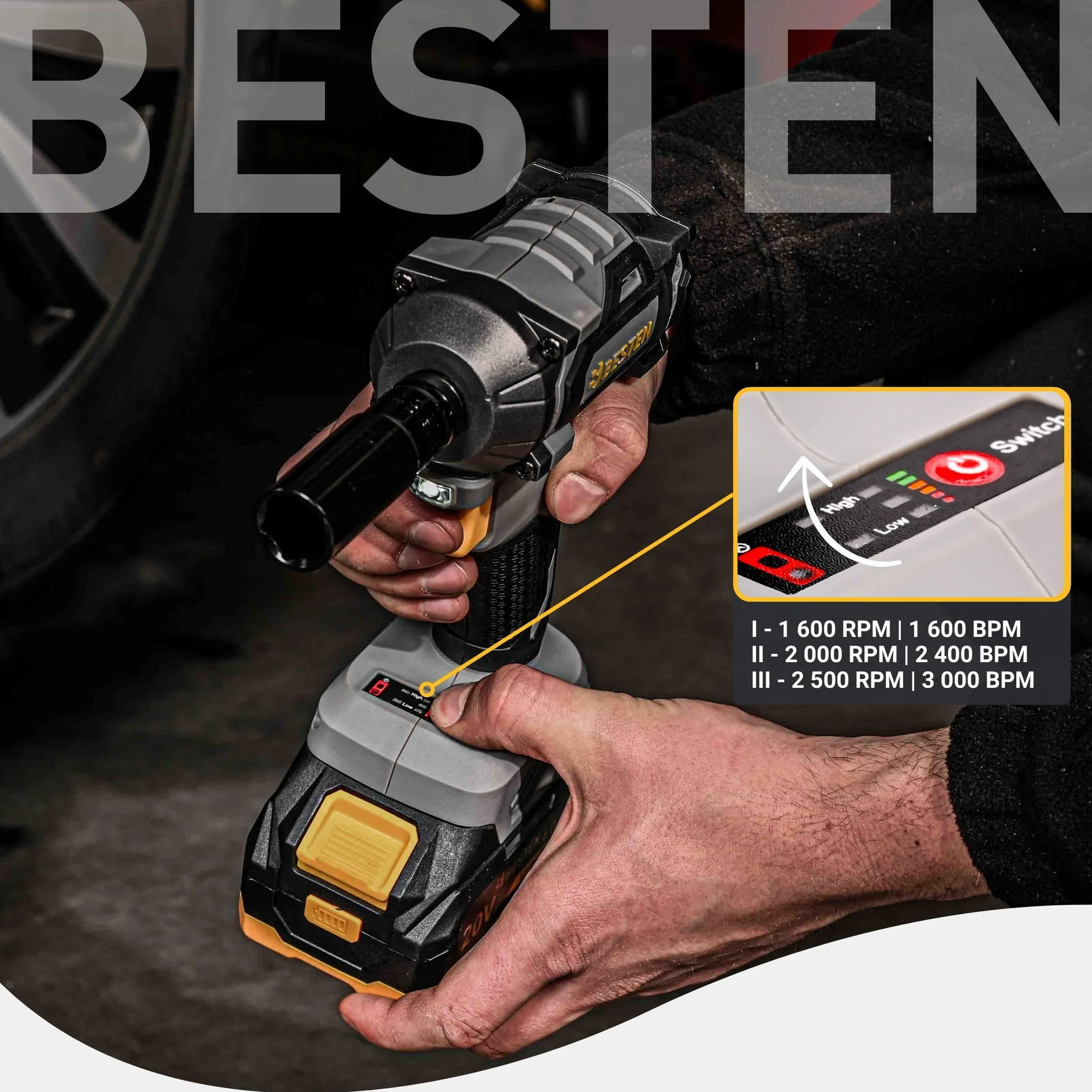 Klucz udarowy akumulatorowy BESTEN 450Nm • 20V BRUSHLESS • 1/2" trzpień • 3 biegi + Smart-Loosening • 2×4.0Ah B-PRO + szybka ładowarka • LED • walizka • BE0002891