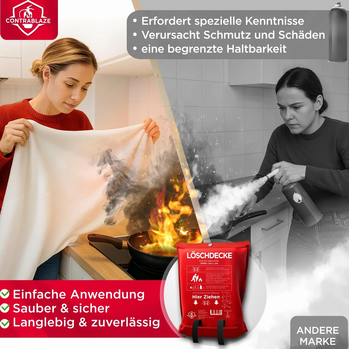 Koc gaśniczy 1,6 x 1,8 m – koc gaśniczy do kuchni i gospodarstwa domowego – koc przeciwpożarowy w sytuacjach awaryjnych, koc ochronny przeciwpożarowy certyfikowany według normy EN, koc