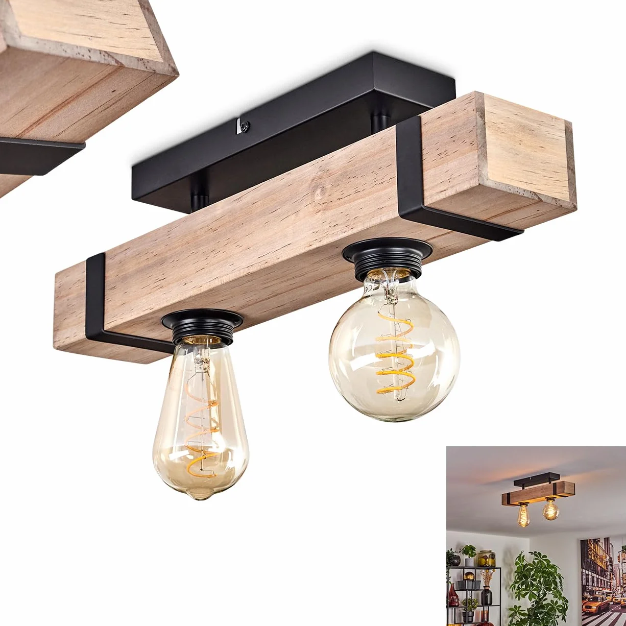 Lampa sufitowa Montgomery, nowoczesna lampa sufitowa z metalu/drewna w kolorze czarnym/naturalnym, industrialny design z drewnianymi belkami, 2-żarówkowa, 2 x E27, bez żarówki