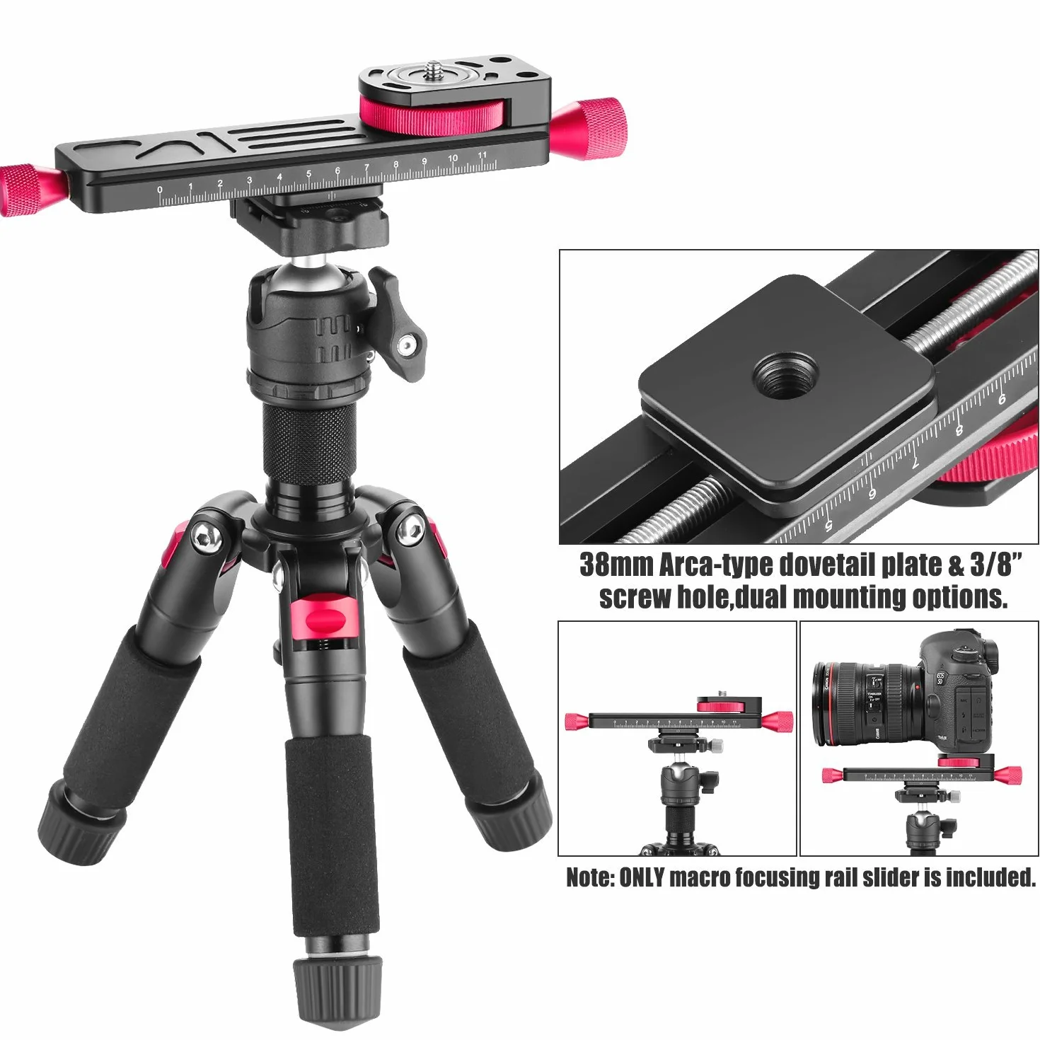 koolehaoda All Metal Wormdrive Macro Focusing Focus Rail Slider / Close-up Shooting Clamp Plate: Regulacja 115 mm z 1/4 cala łbem śruby do aparatów DSLR, statywu Ballhead, Arca / RRS Lever Clamp Compati (W-160)