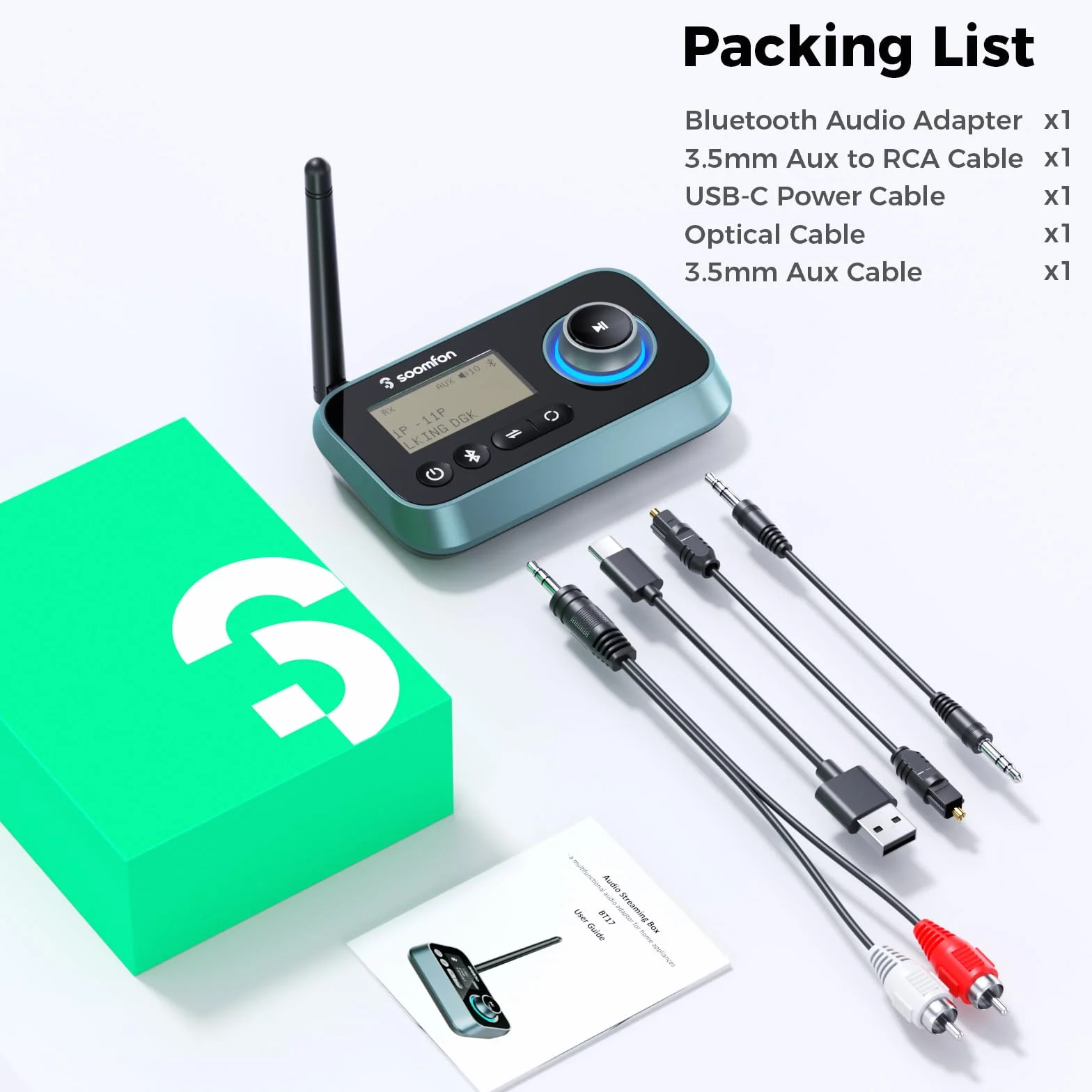Adapter audio Bluetooth 5.0, SOOMFON Bluetooth nadajnik-odbiornik 3-w-1 do telewizora, stereo, słuchawek, głośników - nadajnik-odbiornik Bluetooth z ekranem, 3,5 mm Aux, RCA, kabel optyczny