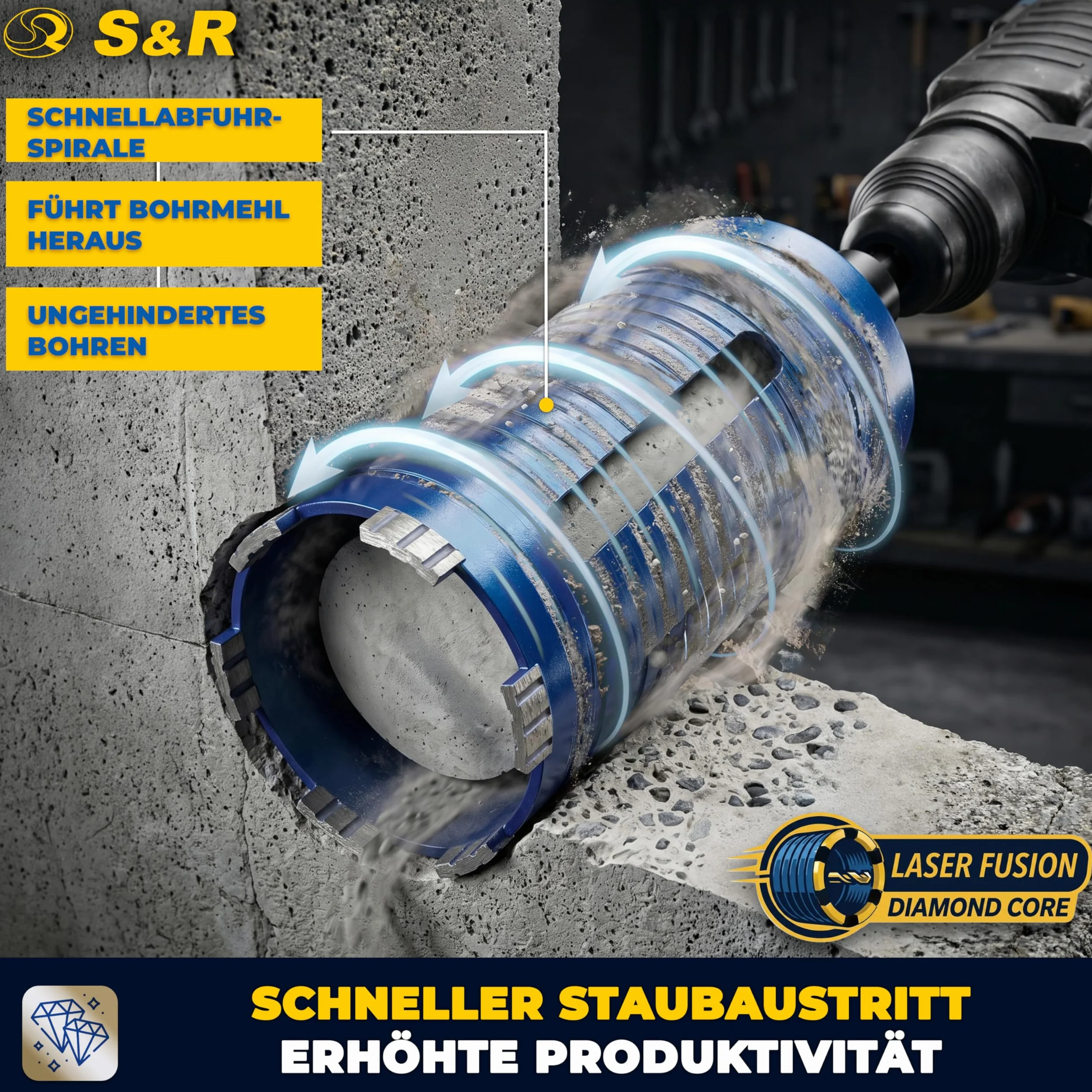 S&R Diamentowa koronka wiertnicza M22-102 mm, długość 200 mm segment 10 mm, wiertło centrujące i adapter SDS-plus, pogłębiacz puszek do betonu, muru, pustaka, betonu komórkowego