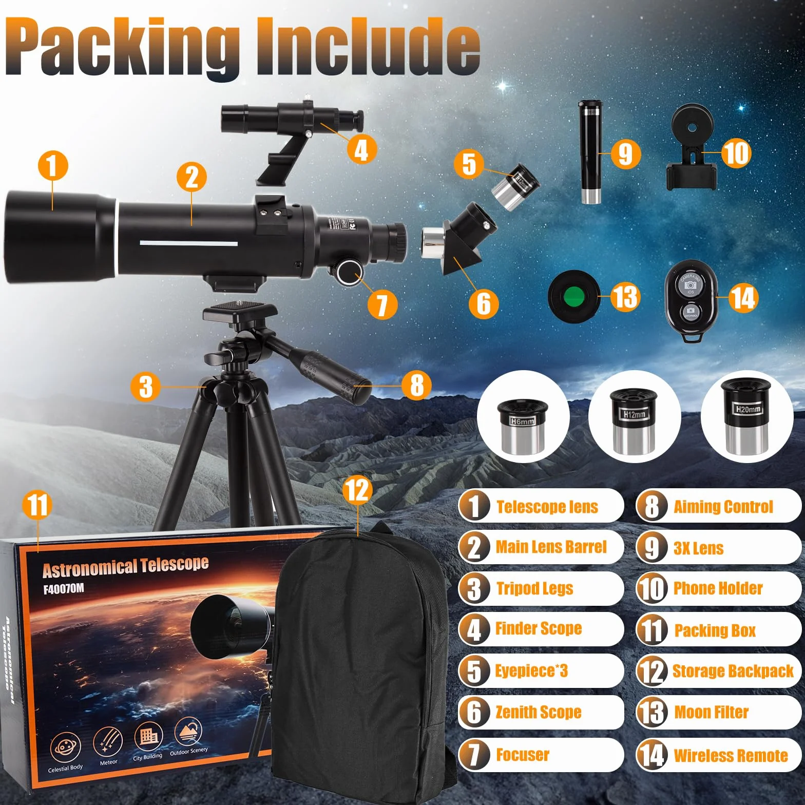 Teleskop astronomiczny, 400/70 mm, 200x powiększenie, z adapterem na telefon, statywem i filtrami księżycowymi i celowniczymi dla początkujących i amatorów