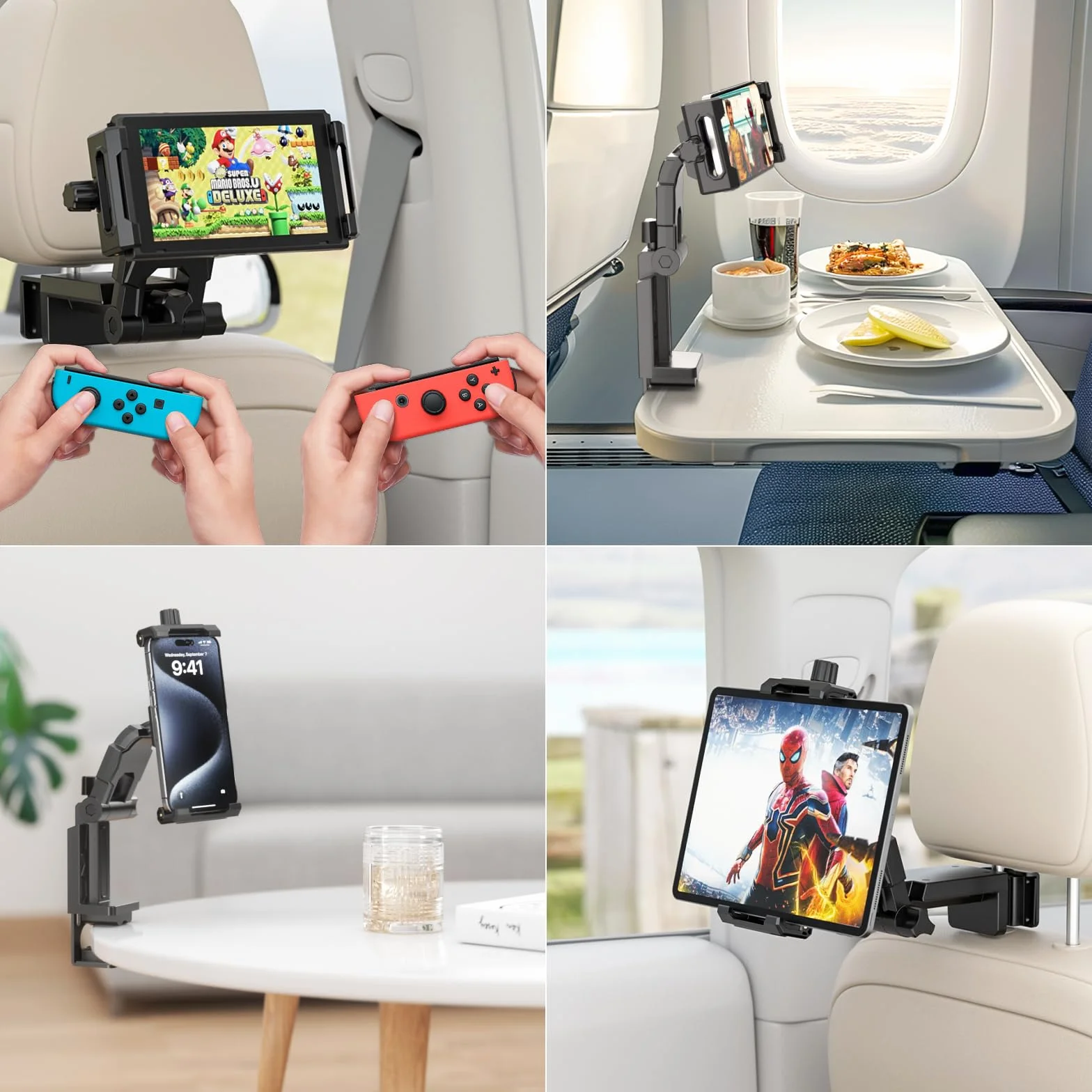 KDD Uchwyt na zagłówek samochodowy, uchwyt na tablet, regulowany 360°, tylne siedzenie dla dzieci i biurka, akcesoria Road Trip Essentials, kompatybilne z iPadem Pro, Air, Switch, Galaxy, telefonem i