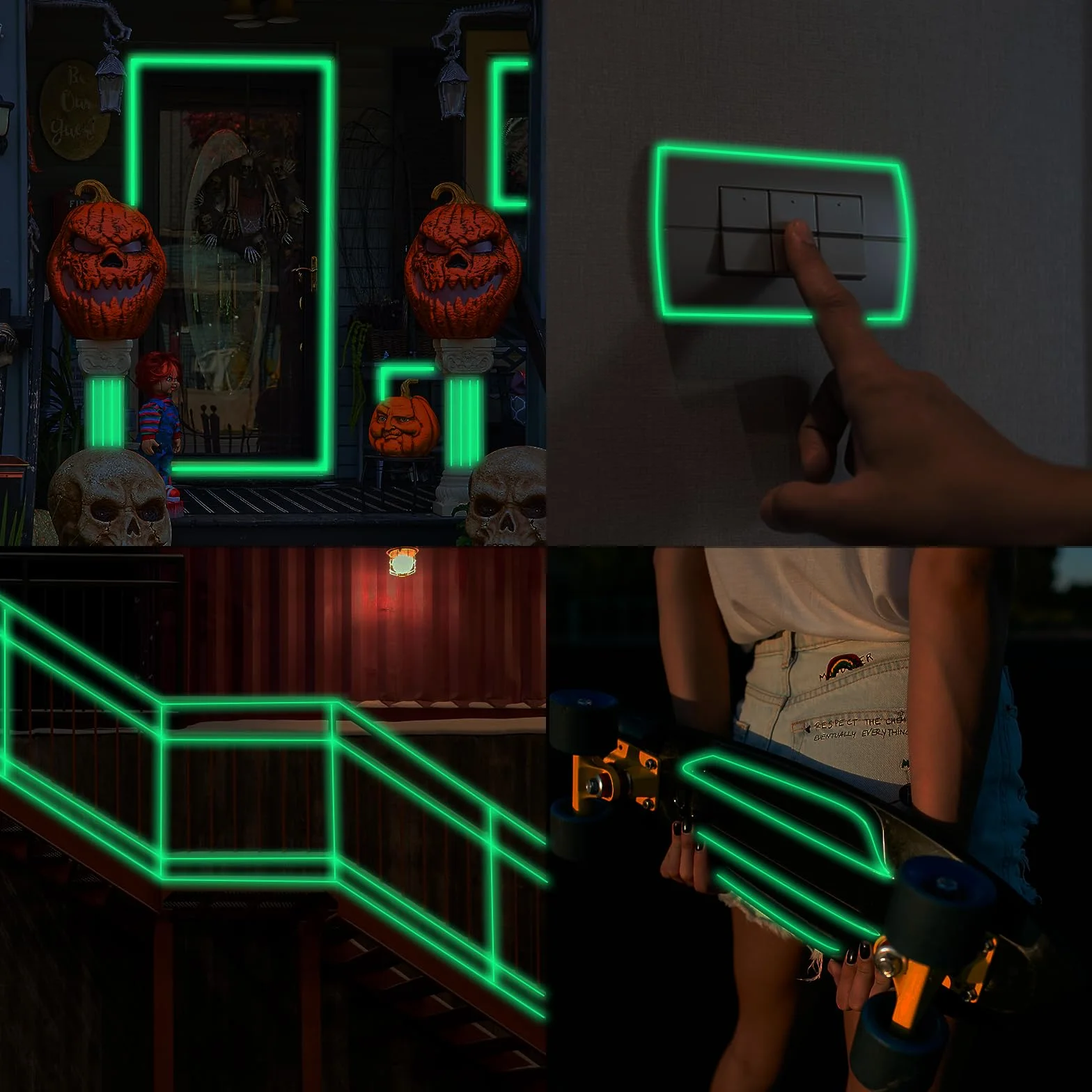 Fluorescencyjna taśma klejąca, zielone światło, świecąca taśma, neonowa taśma samoprzylepna, neonowa taśma świecąca w ciemności, na schody, oświetlenie drzwi i ścian