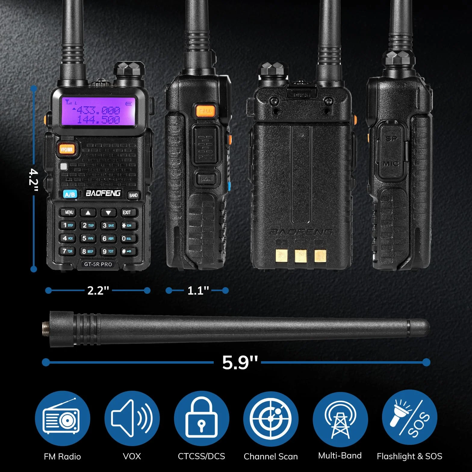 BAOFENG GT-5R Pro Walkie Talkie, UHF VHF 144-146/430-440 MHz, duży zasięg, 128 kanałów, bateria 1800 mAh, słuchawki dla dorosłych, obsługiwane przez Chirp