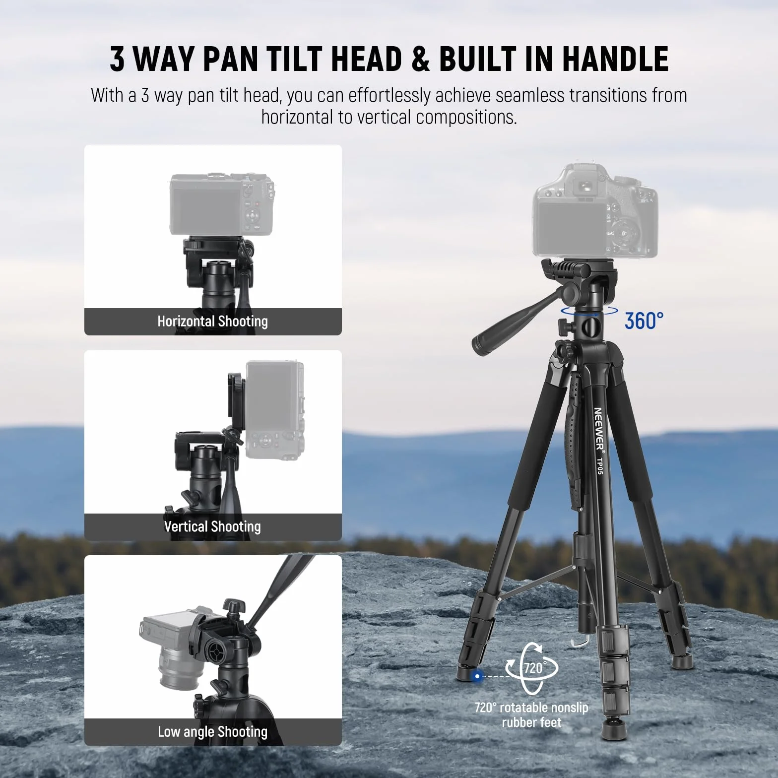 NEEWER BASICS TP05 Statyw Wideo Monopod 188 cm 3-Kierunkowy Uchwyt na Telefon z Głowicą Pan Tilt