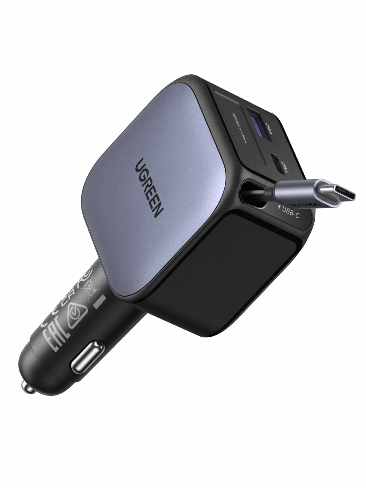 UGREEN 3-portowa zapalniczka samochodowa 60W Chowana ładowarka USB C 12V do iPhone 17/16/15 Galaxy S25/24