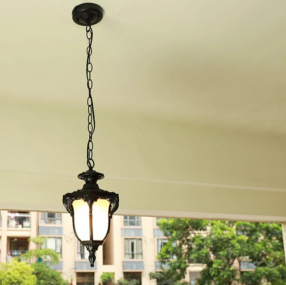 Europejskie wiszące oświetlenie zewnętrzne, lampa wisząca z matowym szkłem, wodoodporna oprawa oświetleniowa na werandzie do ogrodu, altana(Black,H:16.9inch/43cm)