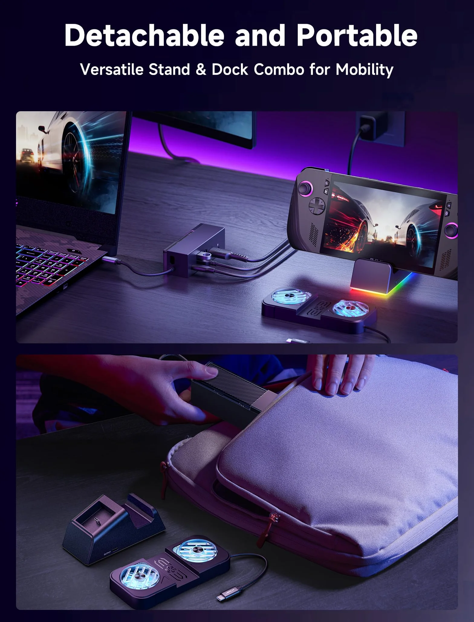 JSAUX Stacja dokująca 7 w 1 do ROG Ally X/ROG Ally/Steam Deck/Legion Go z wentylatorem chłodzącym RGB, HDMI 4K@120Hz, Gigabit Ethernet, Dual USB i USB C 3.0, ładowanie