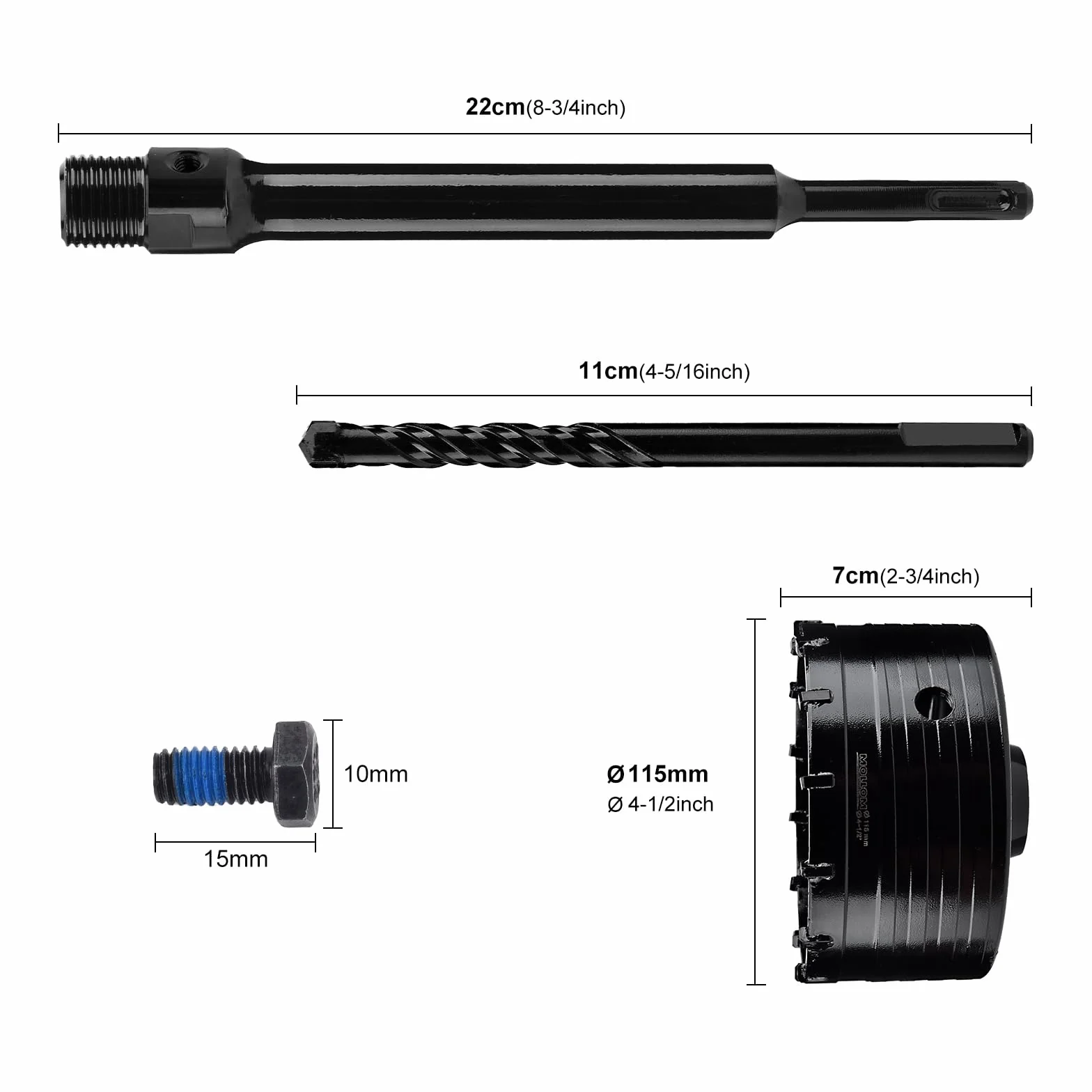 Mollom (115mm | 4-1/2") wiertło koronowe do betonu, przedłużka z trzpieniem SDS Plus 220 mm, wiertło koronowe ciężkiego typu z wiertłem centrującym 110 mm do kamienia, cegły, ścian i muru
