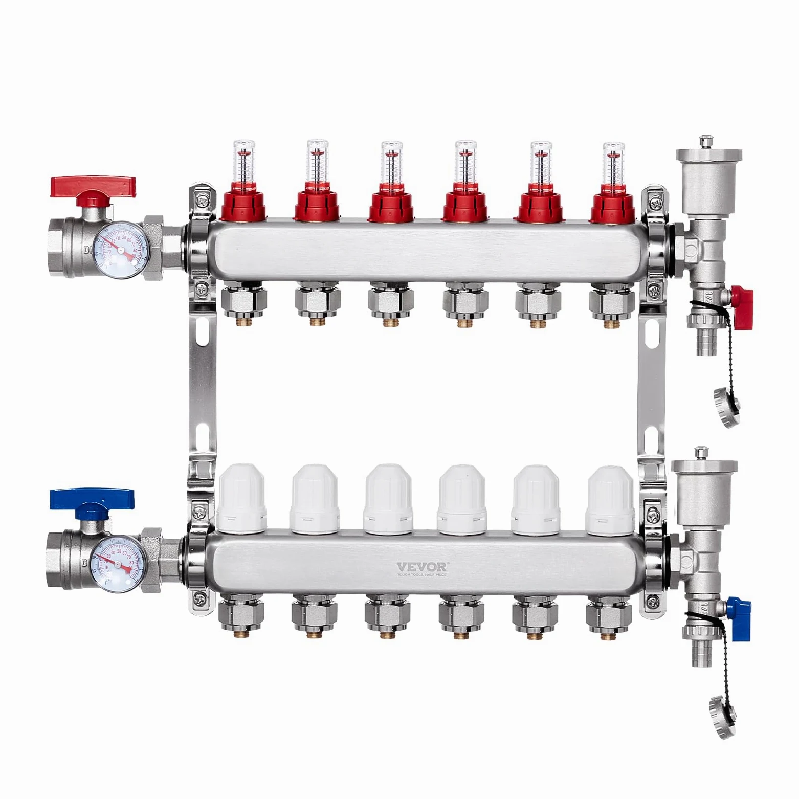 VEVOR 6 gałęzi kolektor grzewczy do rur PEX 12,7 mm ze stali nierdzewnej PEX, z adapterami 12,7 mm, do hydronicznej podłogi promiennikowej, zestaw kolektora PEX