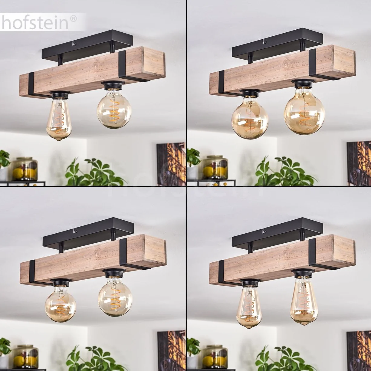 Lampa sufitowa Montgomery, nowoczesna lampa sufitowa z metalu/drewna w kolorze czarnym/naturalnym, industrialny design z drewnianymi belkami, 2-żarówkowa, 2 x E27, bez żarówki