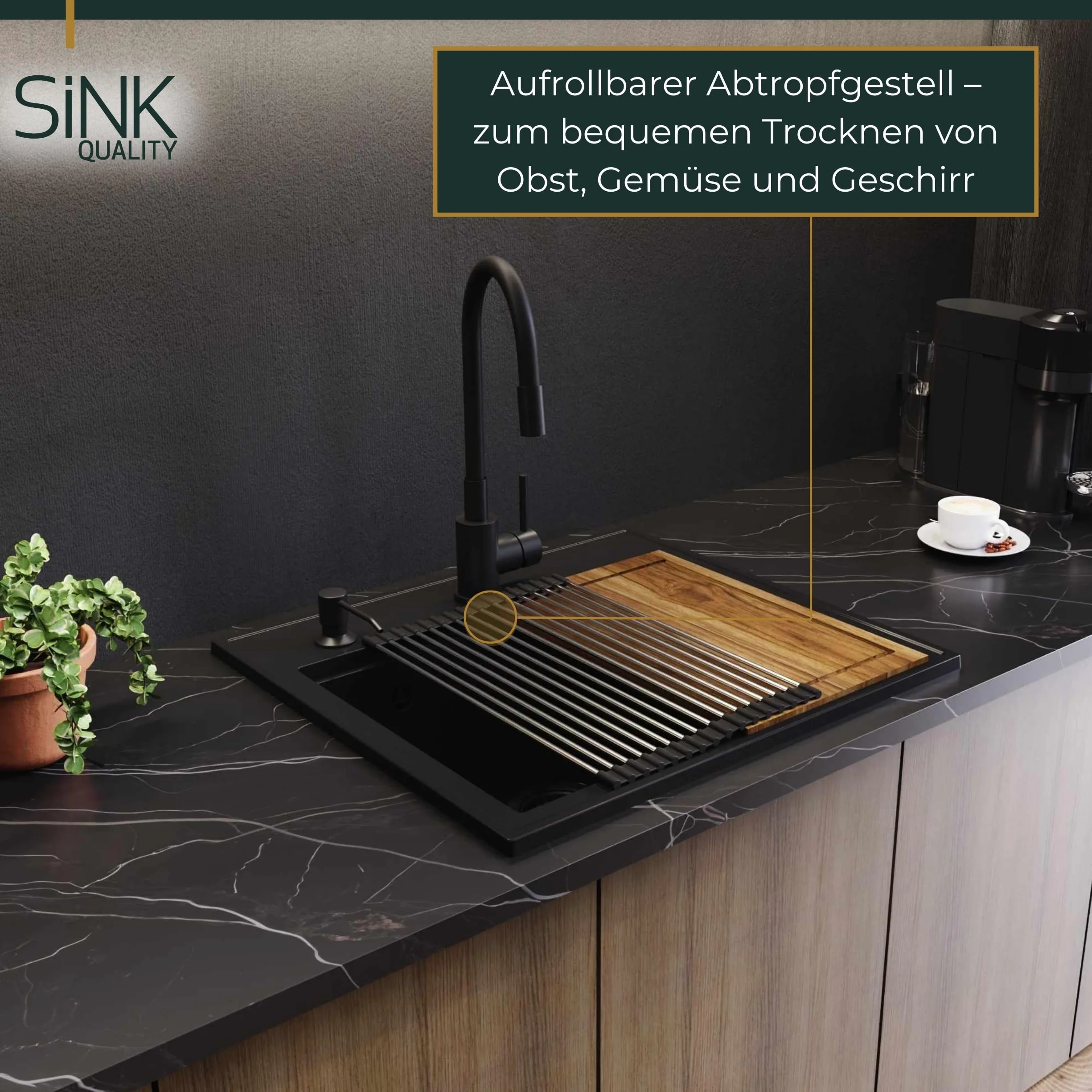 SINK Quality zlewozmywak czarny granit 56 x 51 cm – nowoczesny zlewozmywak kuchenny z deską do krojenia, syfonem Pop Up, ociekacz, środek impregnujący – zlewozmywak do zabudowy do szafki pod umywalkę