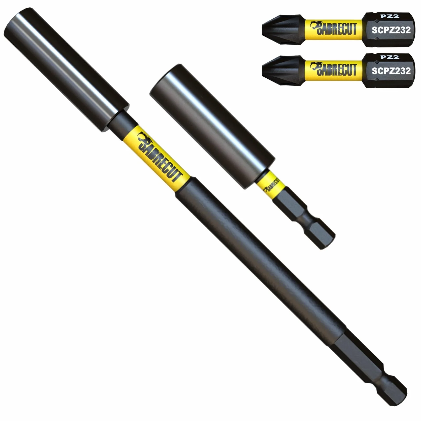4 sztuki SabreCut SCRK1 magnetyczne 60 mm i 152 mm profesjonalne uchwyty do bitów udarowych z 2 x 32 mm wkrętakami PZ2 kompatybilne z Dewalt, Milwaukee, Makita, Bosch i innymi