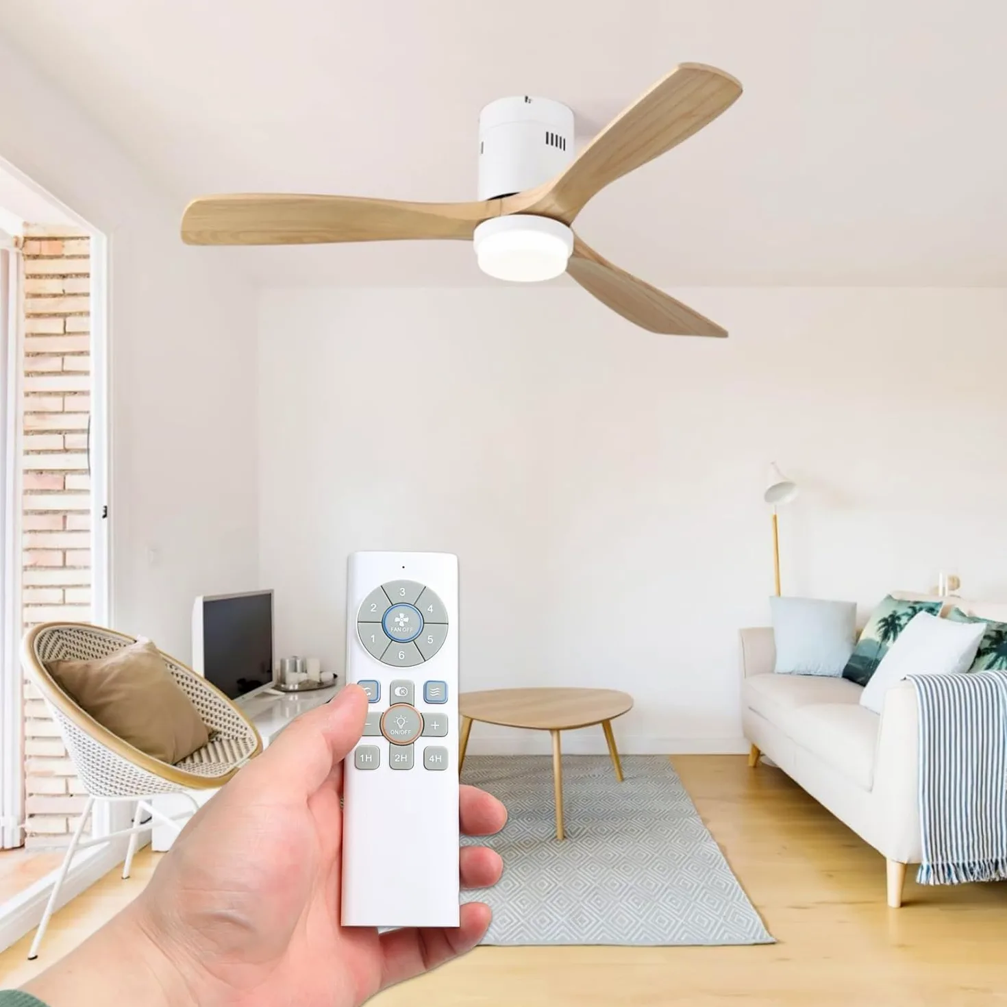 Duży wentylator sufitowy 132 cm z oświetleniem LED 20 W | cichy silnik prądu stałego | 3 łopatki z naturalnego drewna | sterowanie czasowe i funkcja zimowa/lato | nowoczesny design bez drążka