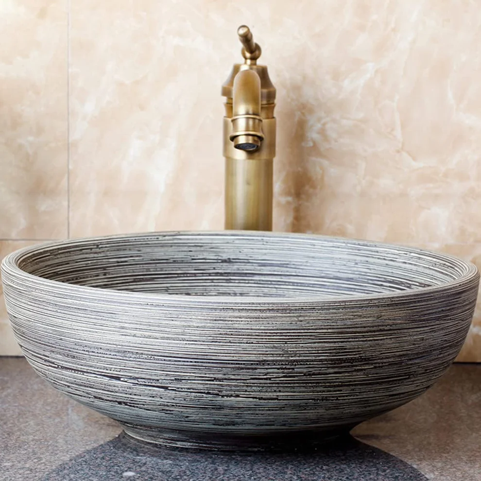 Ceramiczna Umywalka Nablatowa, Okrągła Umywalka, Artystyczna Umywalka Łazienkowa, Retro Umywalka Nablatowa, Szczotkowana Wewnątrz I Na Zewnątrz, Trwała, 41 X 41 X 15 Cm
