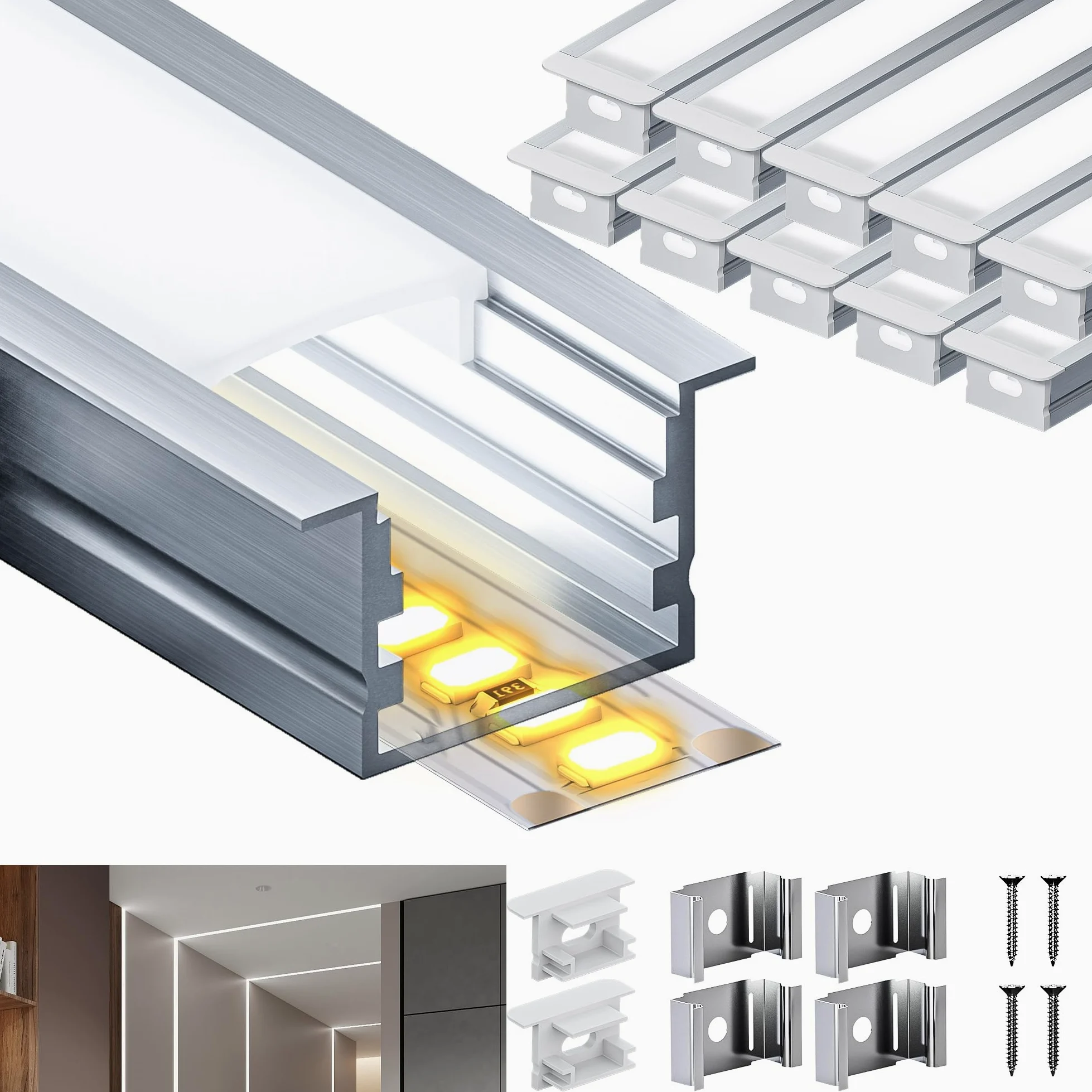 Profil LED do taśm LED 12 mm, szyna 10 x 2 m, aluminiowy profil U, z 10 osłonami dyfuzora, 20 zaślepkami i 40 uchwytami do oświetlenia pośredniego